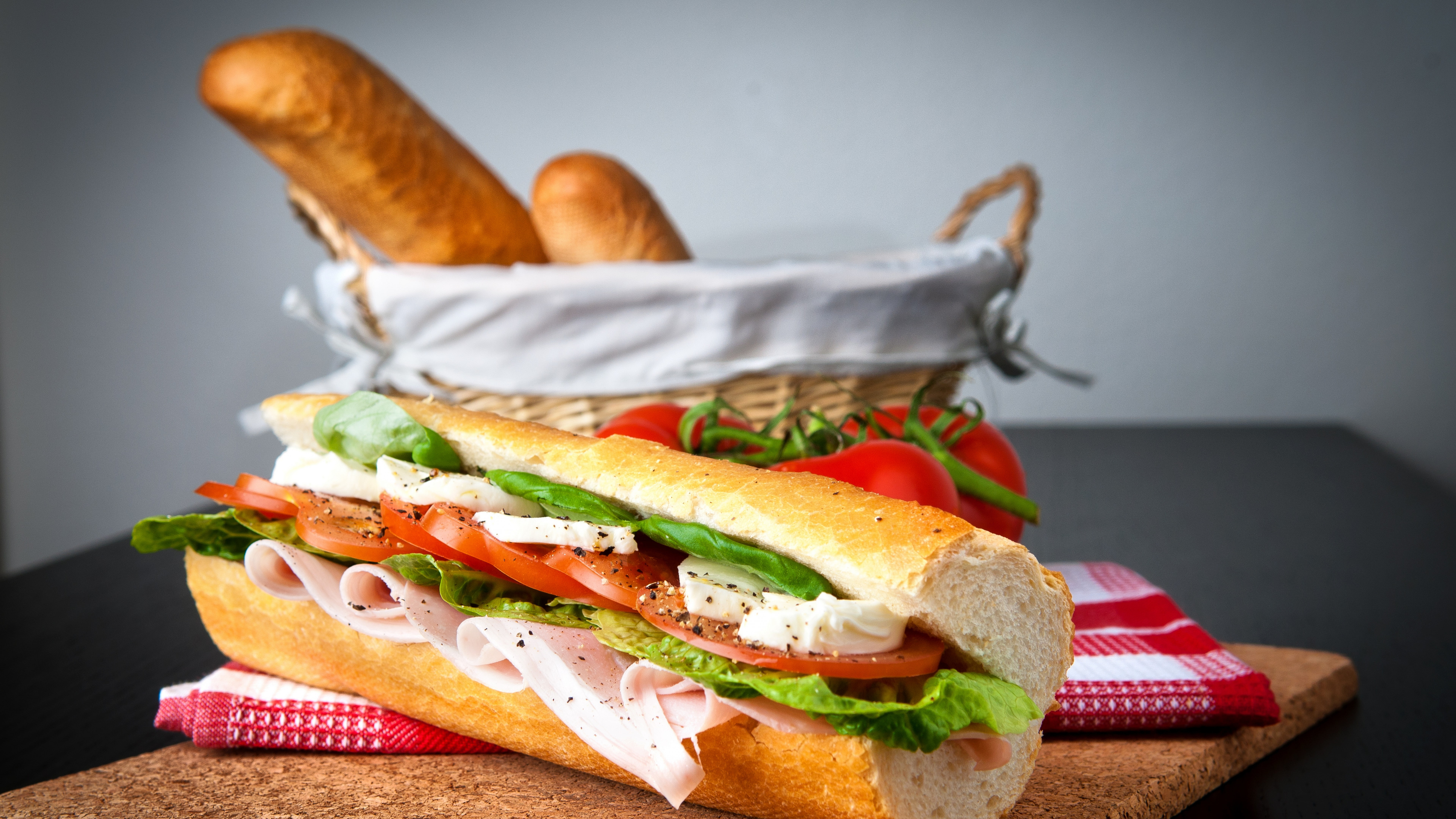 8K, ham, cheese, bread baske, salad, panini, HD Wallpaper