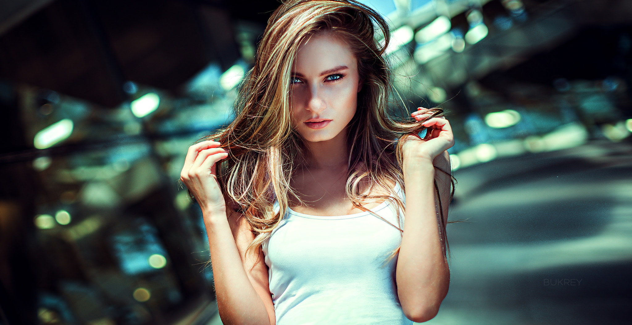 blonde, 1080P, blue eyes, bokeh, tank top, women, white tops, Kirill Bukrey, HD Wallpaper
