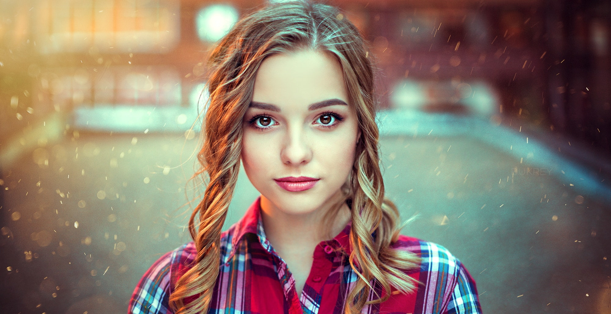 women, smirk, bokeh, brown eyes, 1080P, portrait, plaid shirt, shirt, Kirill Bukrey, brunette, face, HD Wallpaper