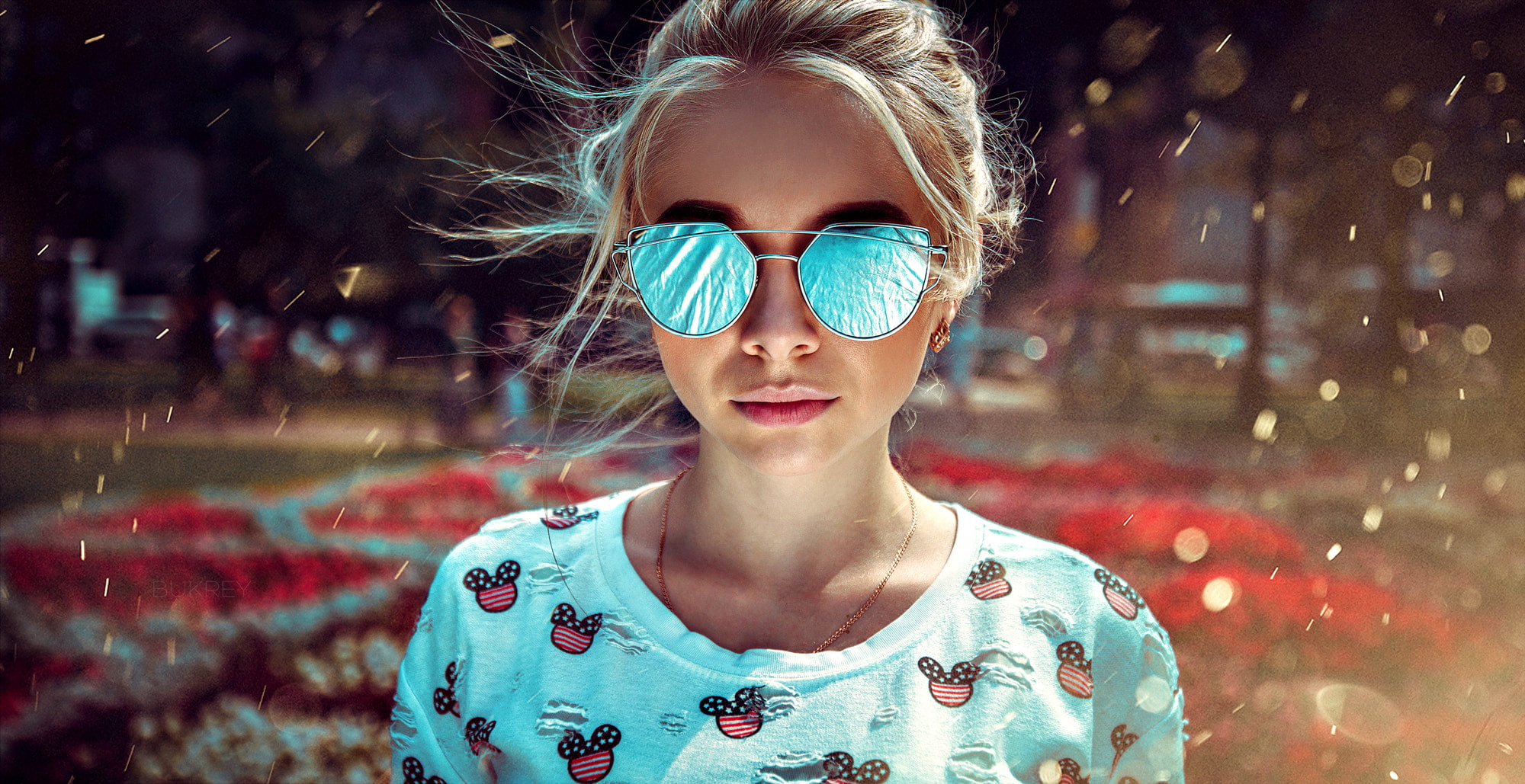 women, white shirt, sunglasses, blonde, 1080P, bokeh, portrait, looking at viewer, Kirill Bukrey, face, HD Wallpaper
