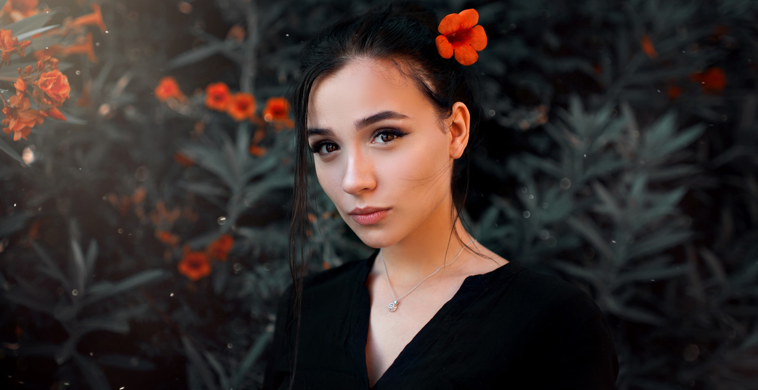women, looking at viewer, dark hair, 2K, Kirill Bukrey, outdoors, model, portrait, necklace, women outdoors, Aleksa Tereschuk, black clothing, face, brown eyes, HD Wallpaper