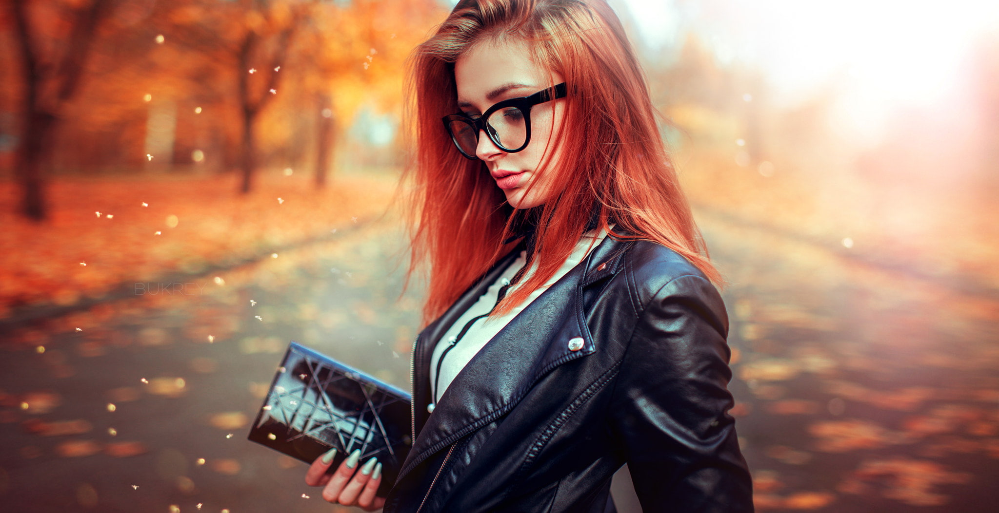 leather jackets, depth of field, Kirill Bukrey, 1080P, redhead, fall, women with glasses, women, portrait, HD Wallpaper