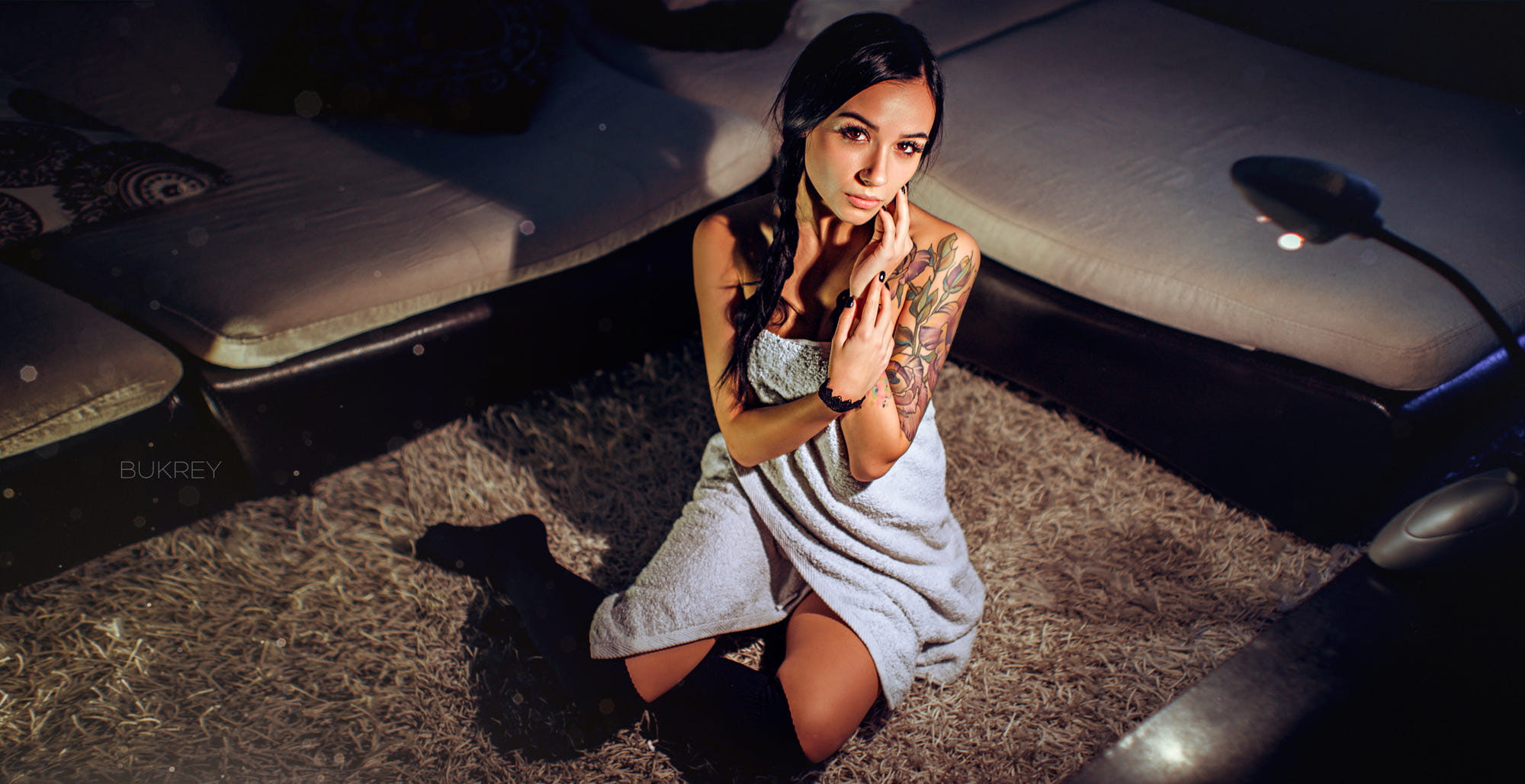 black hair, 1080P, face, tanned, hand on face, brunette, brown eyes, towel, women, Kirill Bukrey, no bra, sitting, tattoo, long hair, on the floor, braids, HD Wallpaper