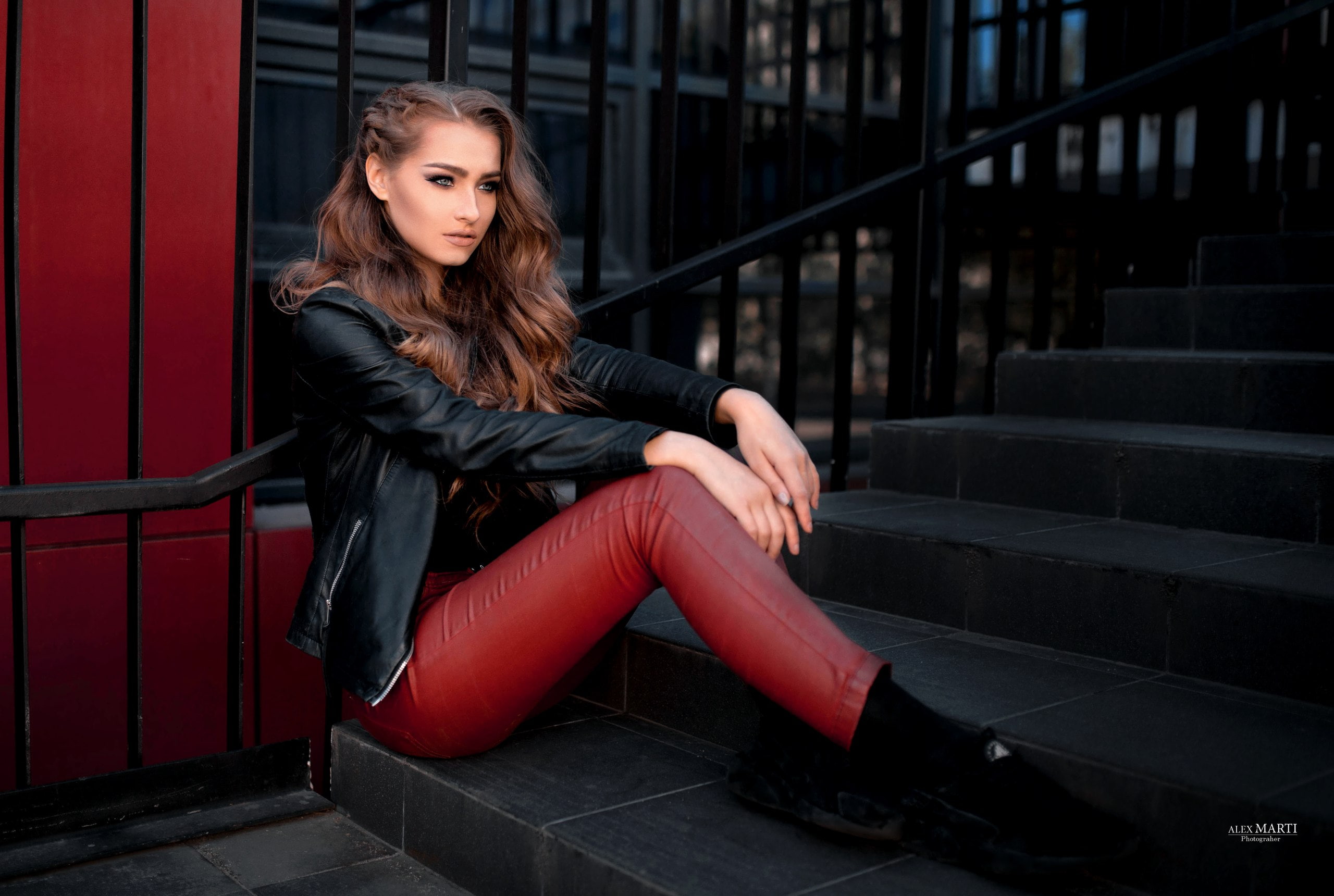 sitting, women, women outdoors, Aleksandra Taranova, leather jackets, 2K, portrait, pants, HD Wallpaper