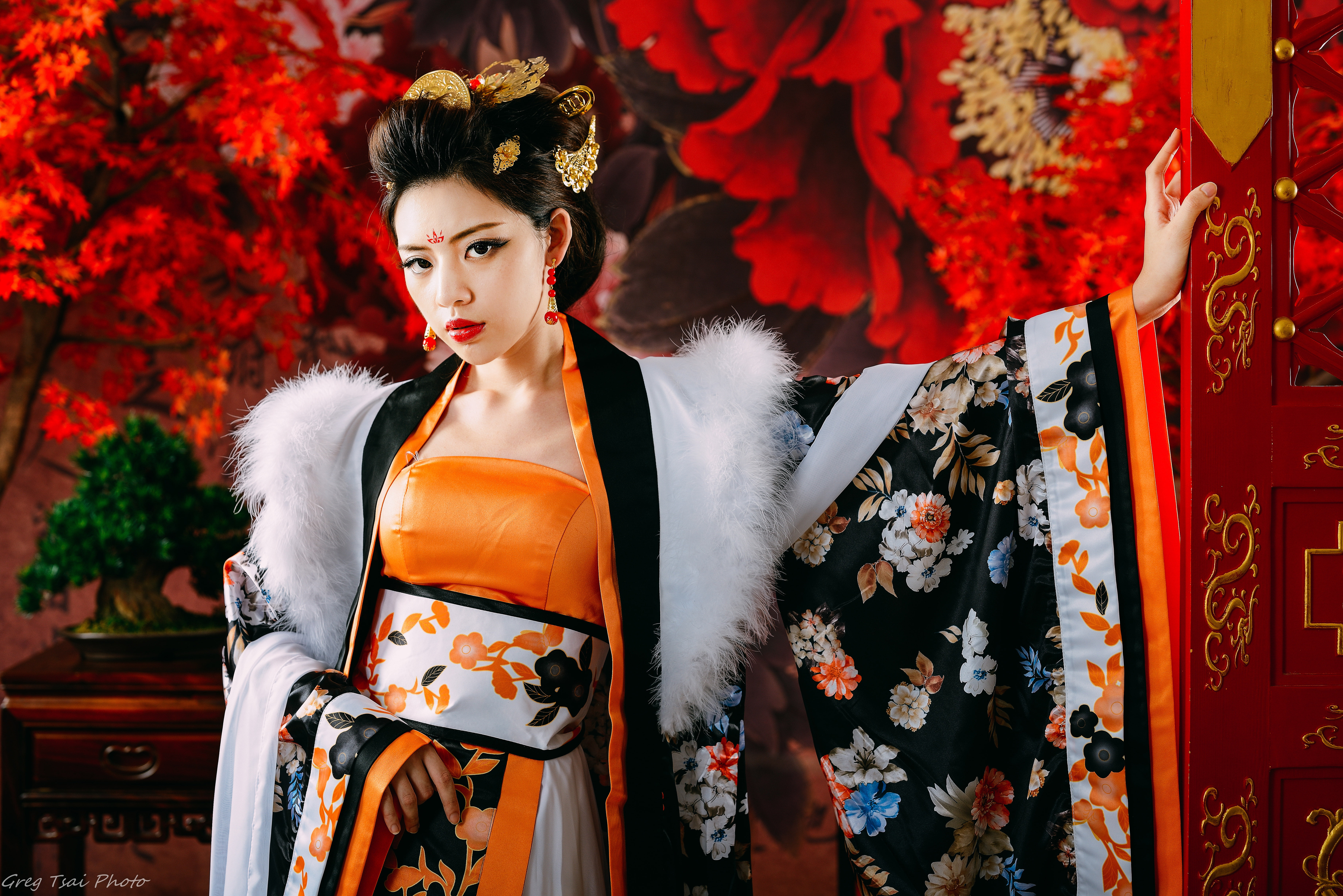 women, 5K, model, looking at viewer, red lipstick, traditional clothing, makeup, Kiki Hsieh, Asian, furry, brunette, HD Wallpaper