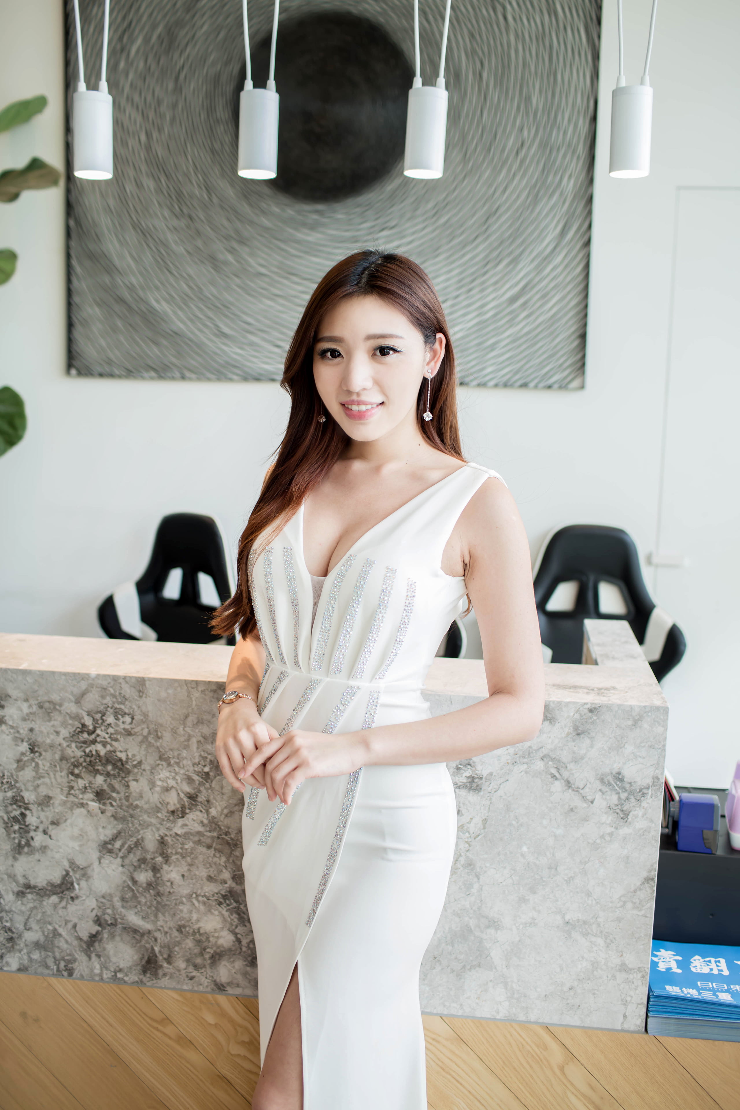 white dress, cleavage, Kiki Hsieh, women, long hair, 4K, women indoors, looking at viewer, Asian, model, portrait display, brunette, smiling, Phone HD Wallpaper