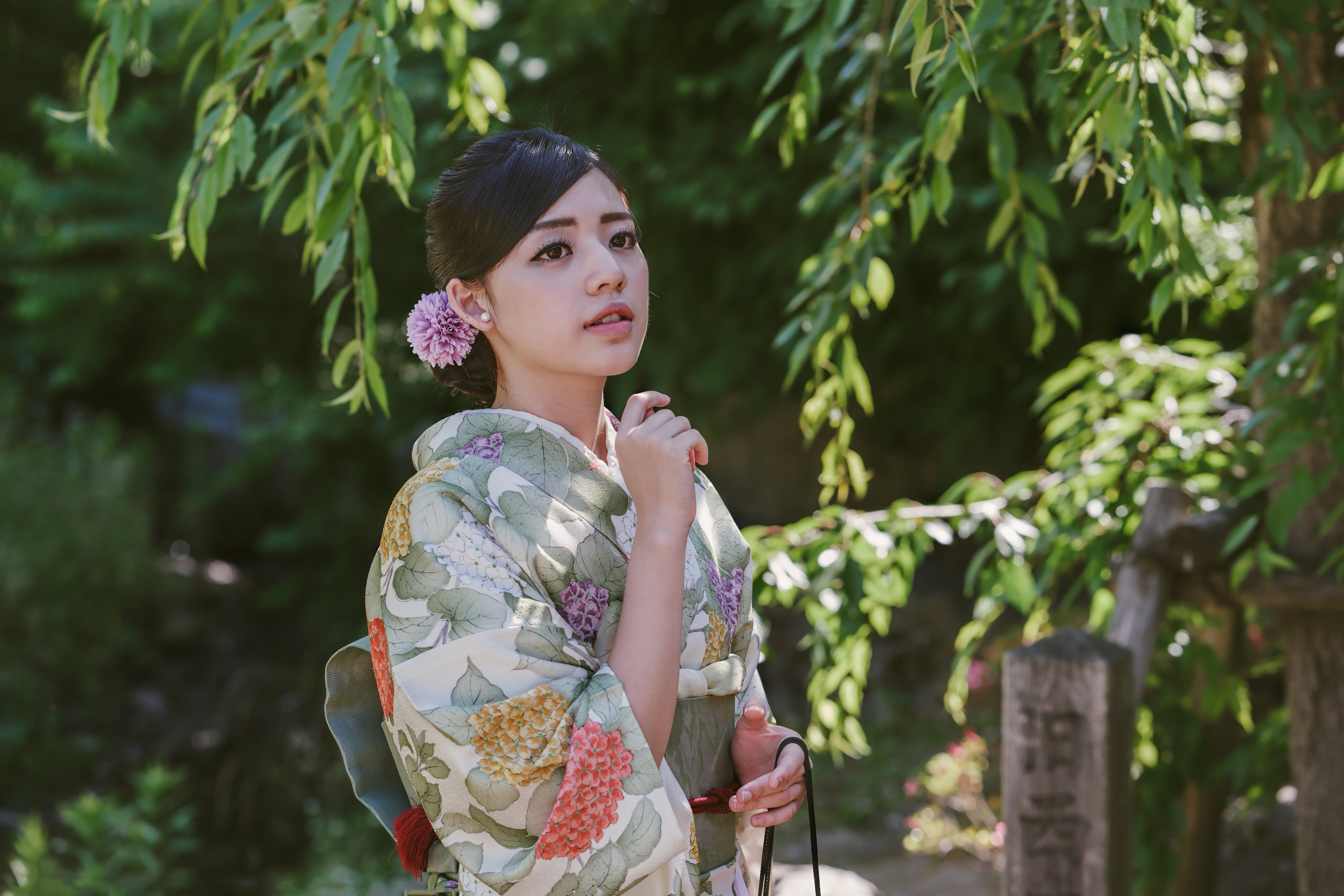 model, flower in hair, looking away, traditional clothing, women outdoors, foliage, women, brunette, Asian, 5K, Kiki Hsieh, HD Wallpaper