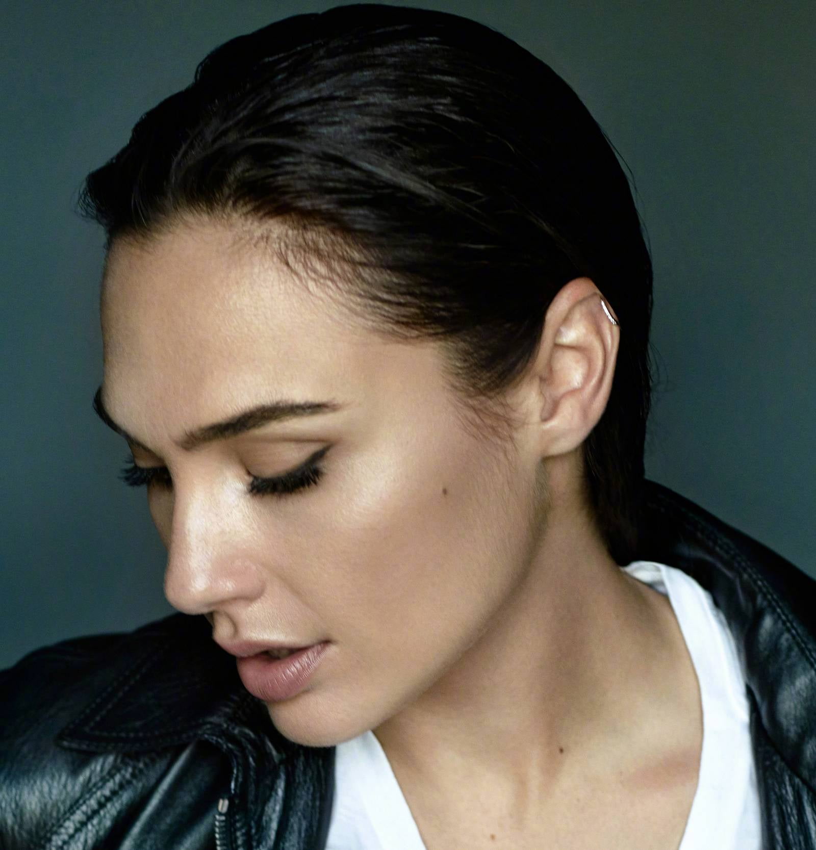 actress, women, 720P, closed eyes, open mouth, beautiful woman, model, studio shot, portrait, headshot, human body part, jacket, close-up, indoors, Gal Gadot, Phone HD Wallpaper
