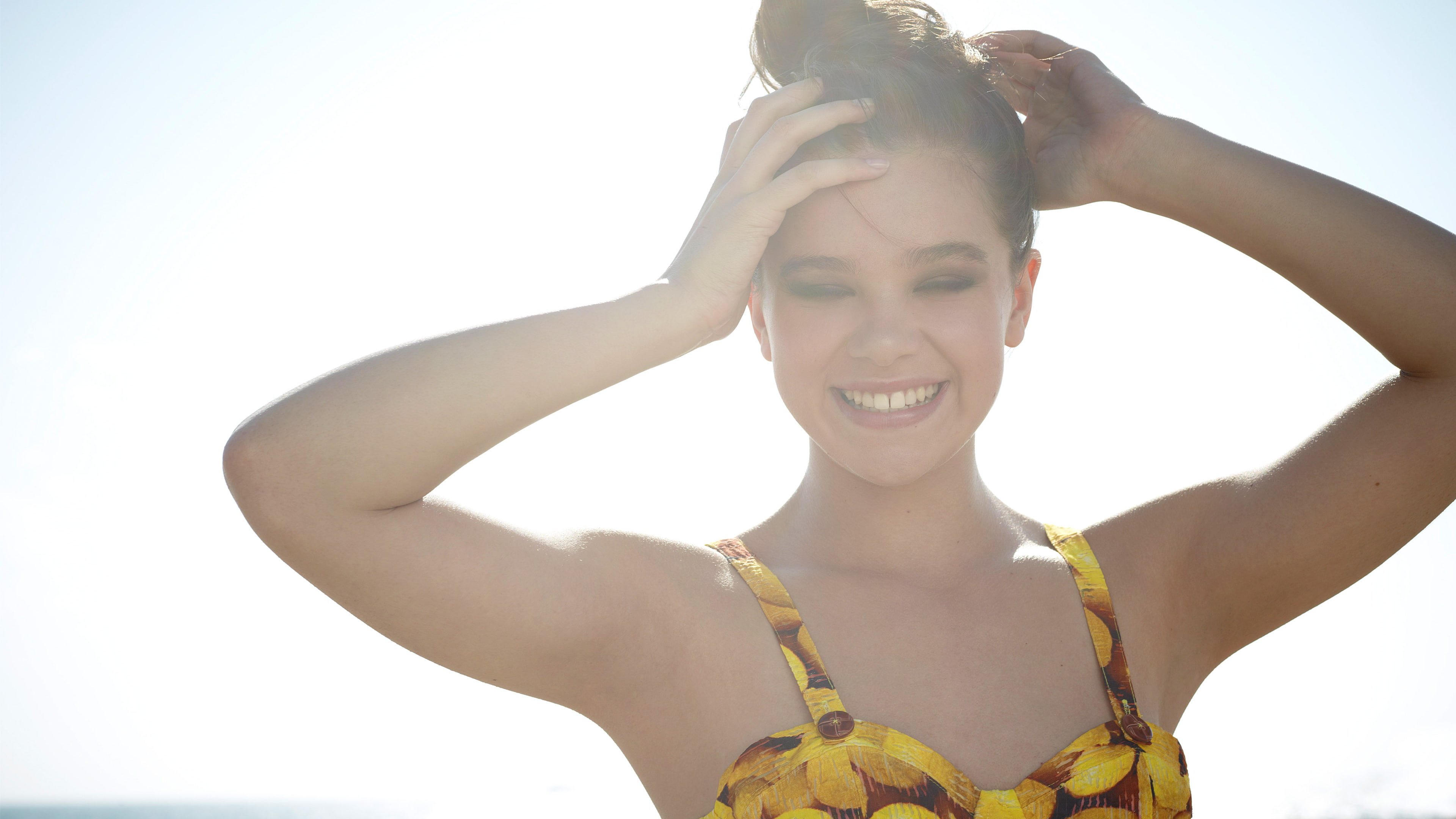 nature, adult, Hailee, arms raised, front view, sky, looking at camera, day, smiling, beautiful woman, 2016, human arm, hairstyle, outdoors, hand in hair, HD Wallpaper