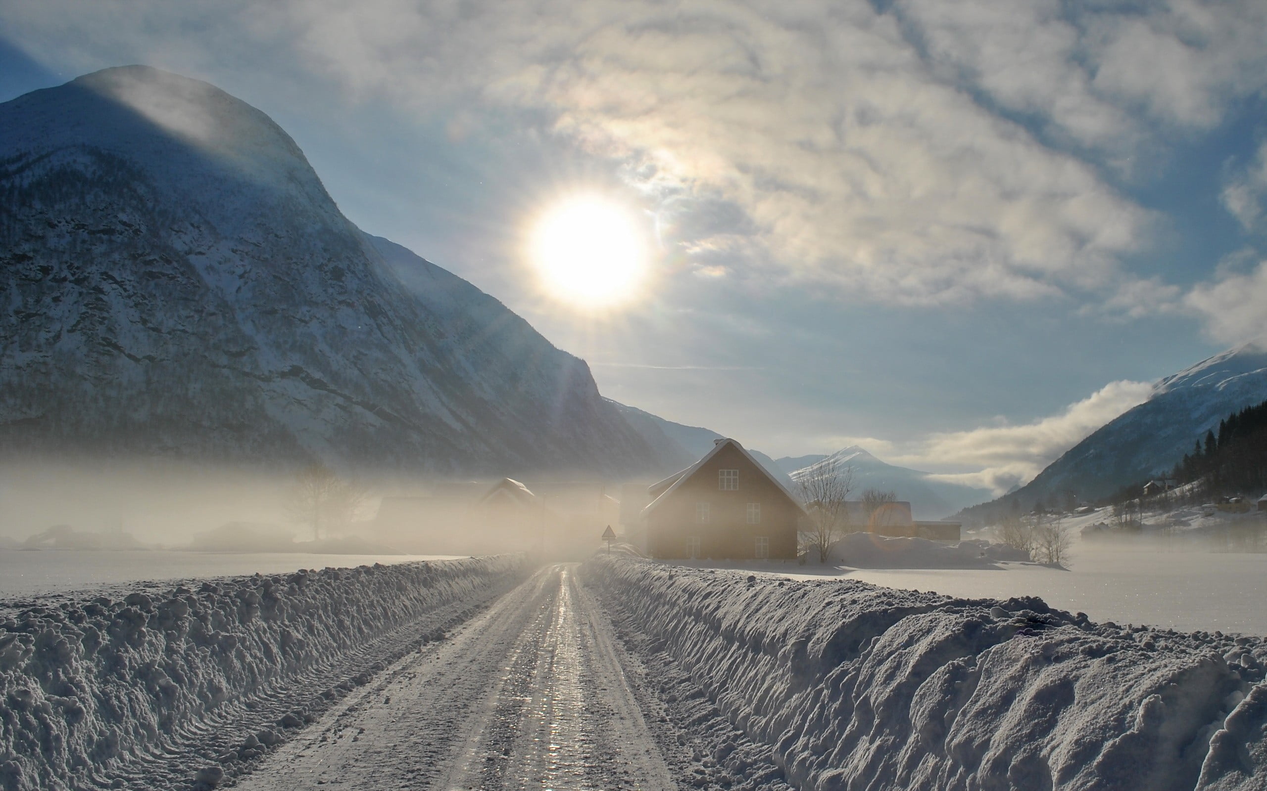 snow, ground, sunbeam, mountain, lens flare, scenics - nature, sky, landscape, road, mountains, nature, snowcapped mountain, tranquility, tranquil scene, HD Wallpaper