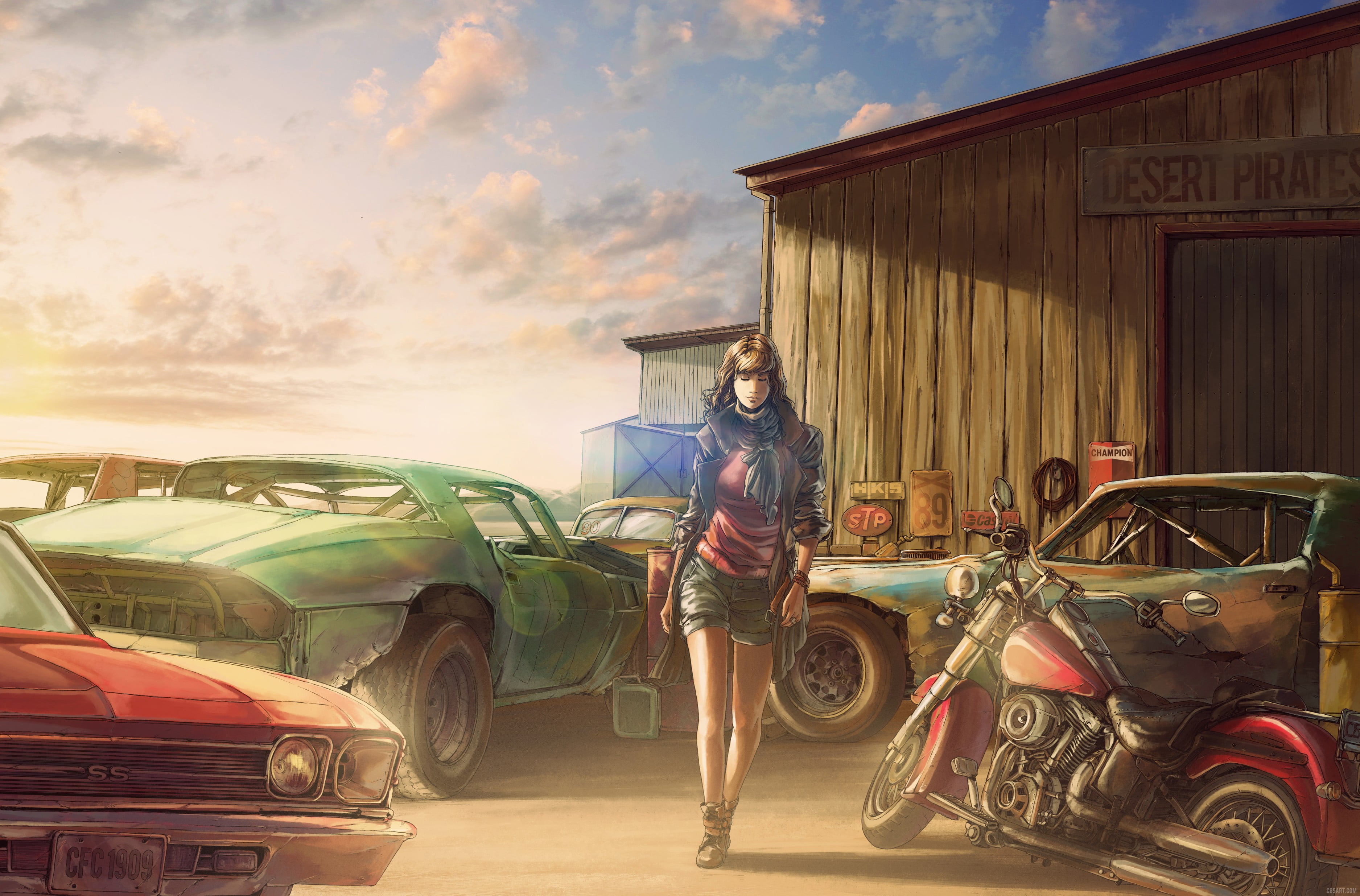car, motorcycle, one person, leisure activity, real people, 2K, full length, cloud - sky, sky, woman, surrounded, top, shorts, lifestyles, wearing, HD Wallpaper