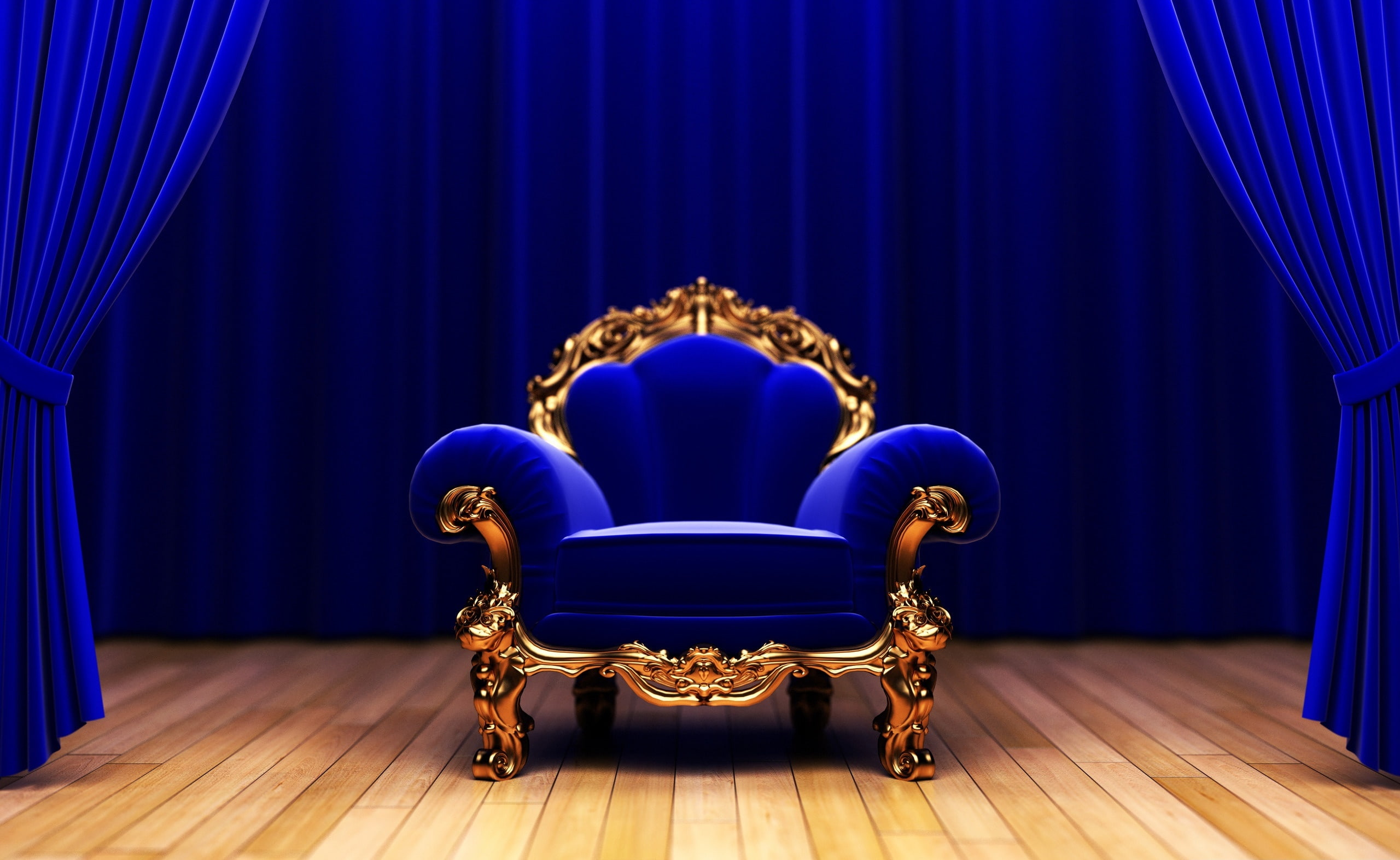no people, wealth, King, stage, indoors, empty, Architecture, wood, retro styled, 2K, performing arts event, art deco, armchair, chair, luxury, hardwood floor, HD Wallpaper