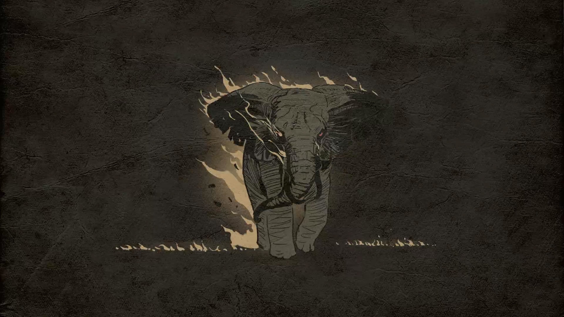 simple background, artwork, textured, animals, fire, angry, elephant, digital art, 1080P, ilustration, HD Wallpaper