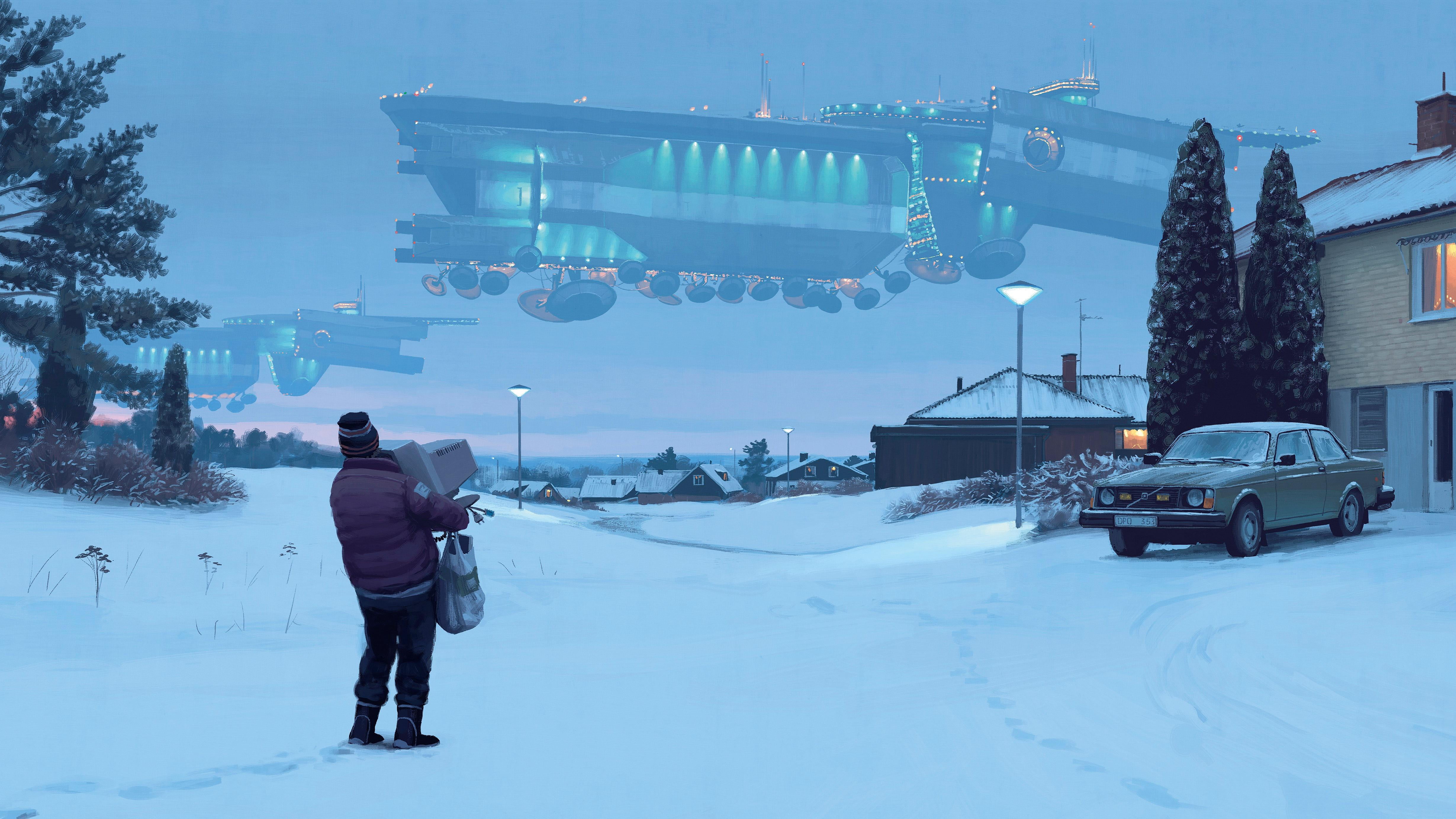 trees, alternate reality, spaceship, 1994 (Year), monitor, computer, science fiction, artwork, winter, snow, 4K, village, digital art, car, HD Wallpaper
