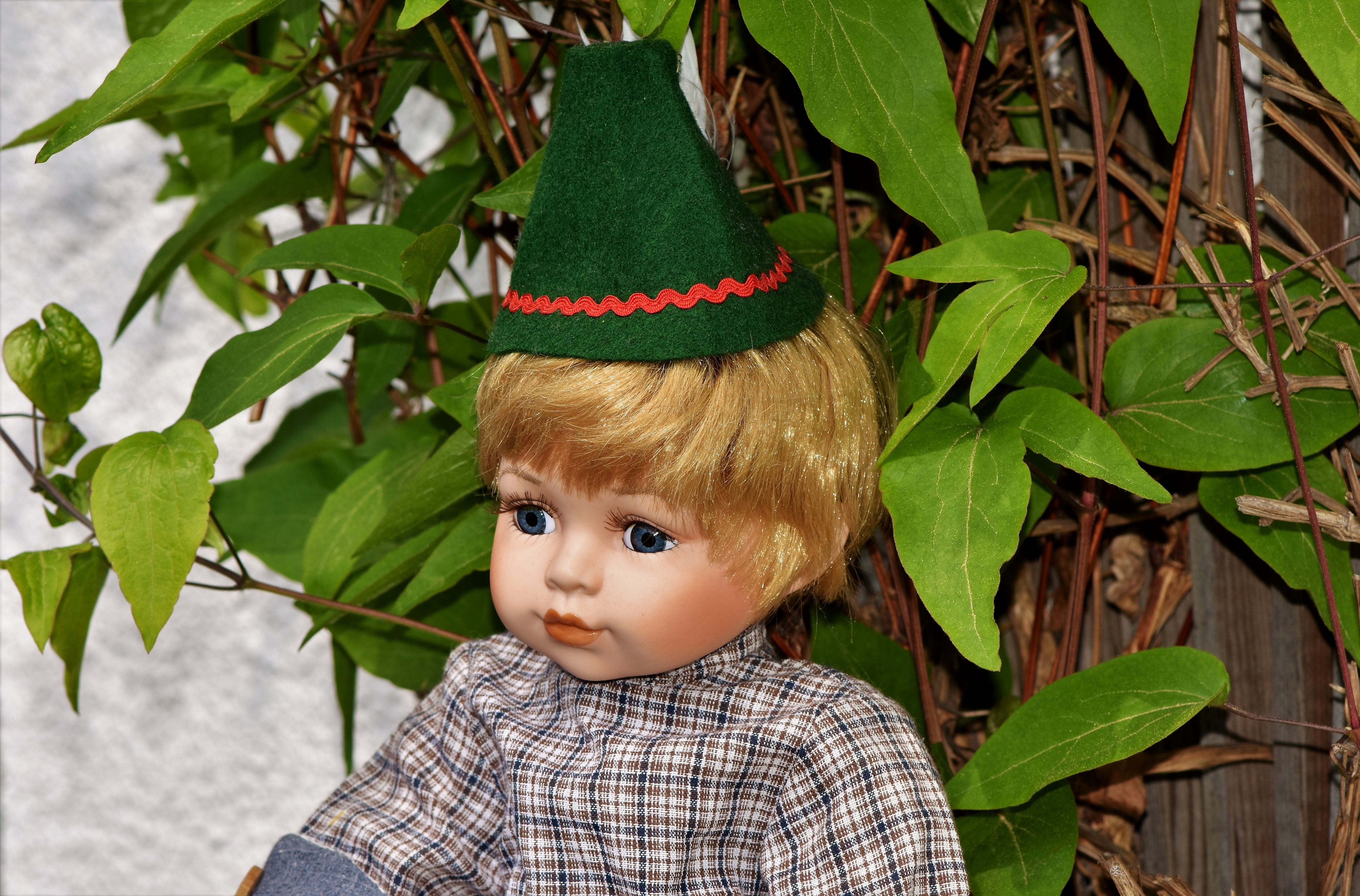leaf, real people, looking at camera, headshot, front view, cap, plant, hair, blond hair, childhood, decoration, eyes, near, green color, innocence, dolls head, HD Wallpaper