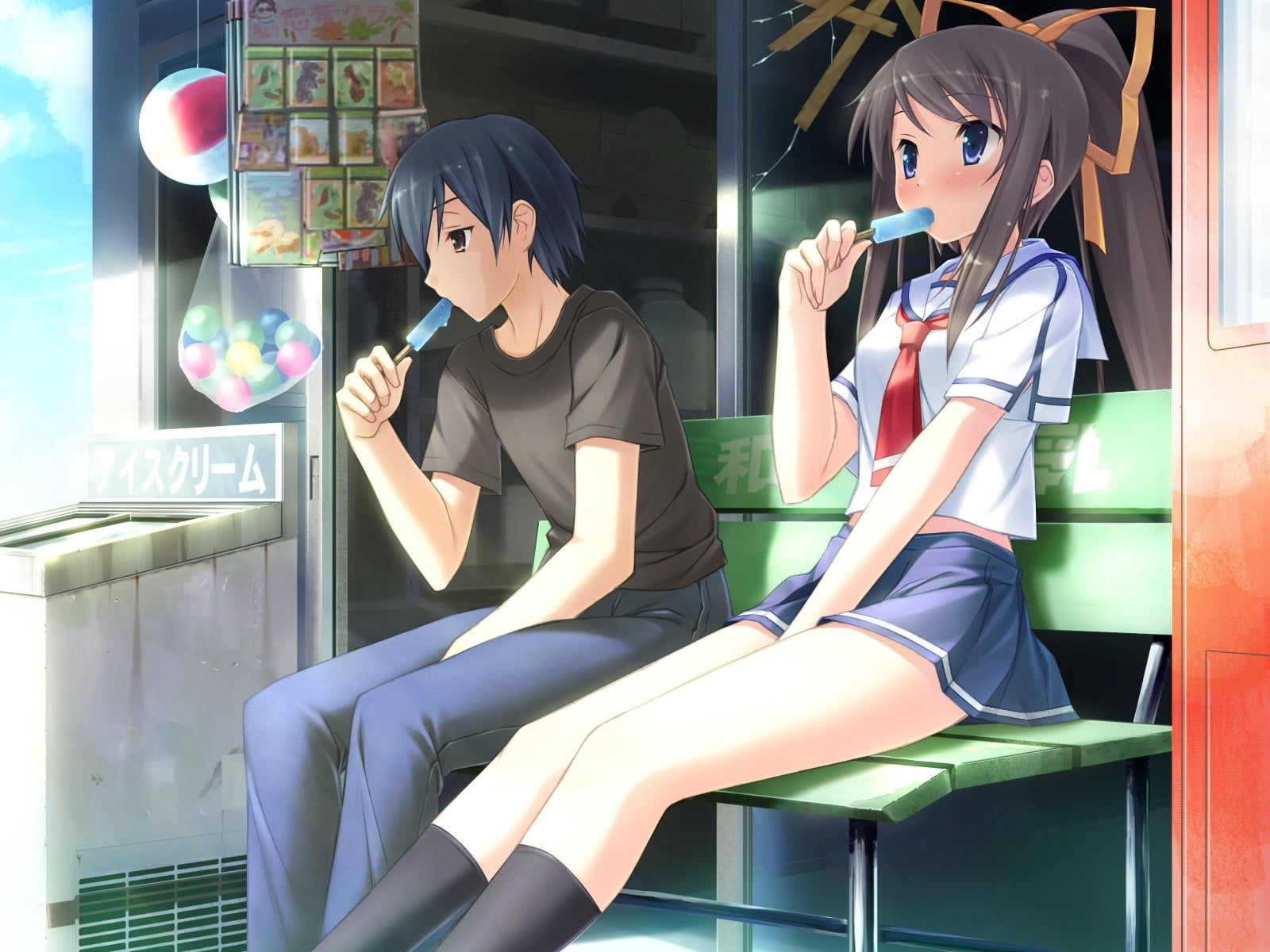 illustration, girl, technology, street, ice cream, looking, vector, 720P, casual clothing, anime, indoors, ilustration, beautiful, young women, characters, HD Wallpaper