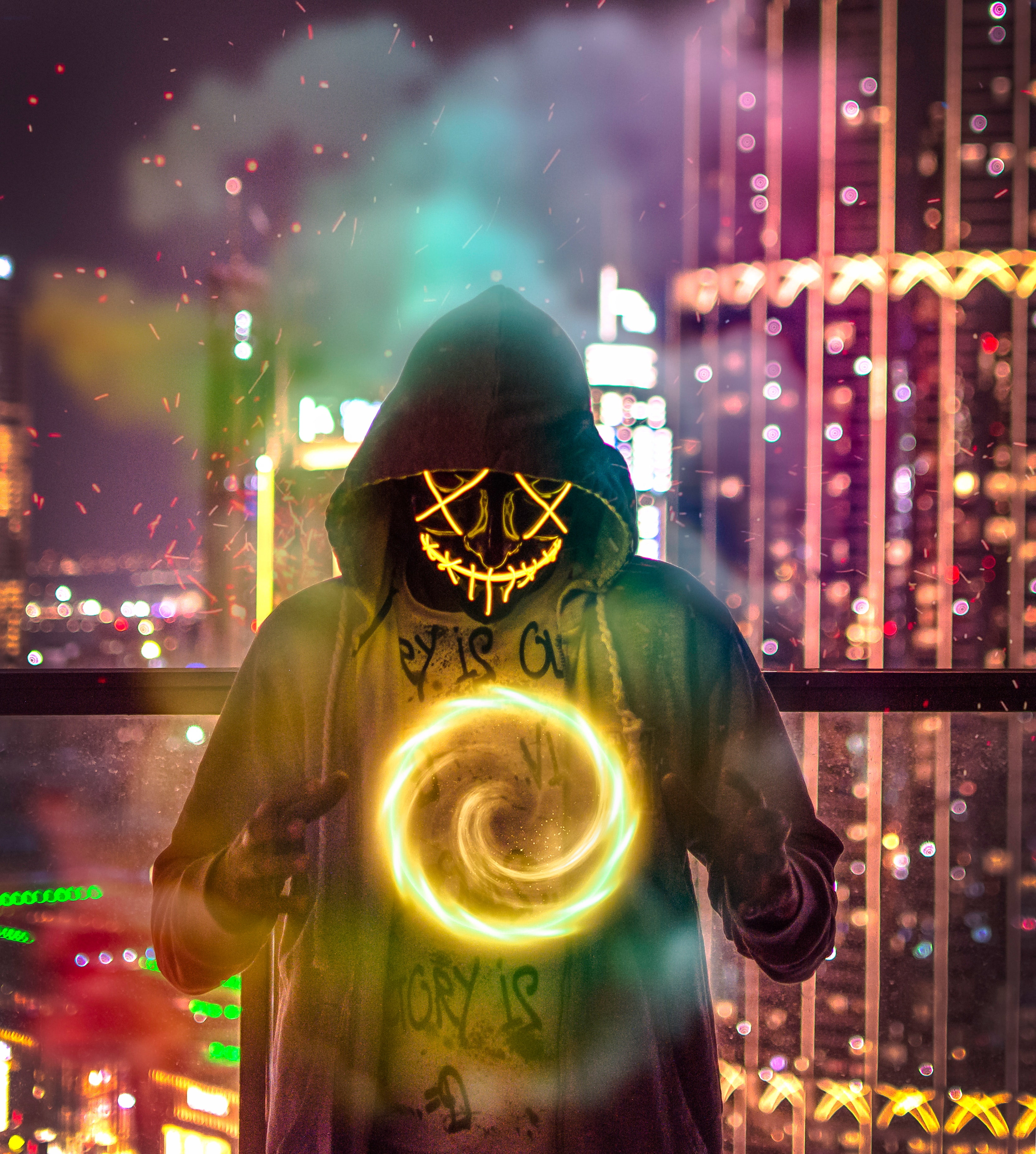 2K, hood, fire, mask, ball, magic, Phone HD Wallpaper
