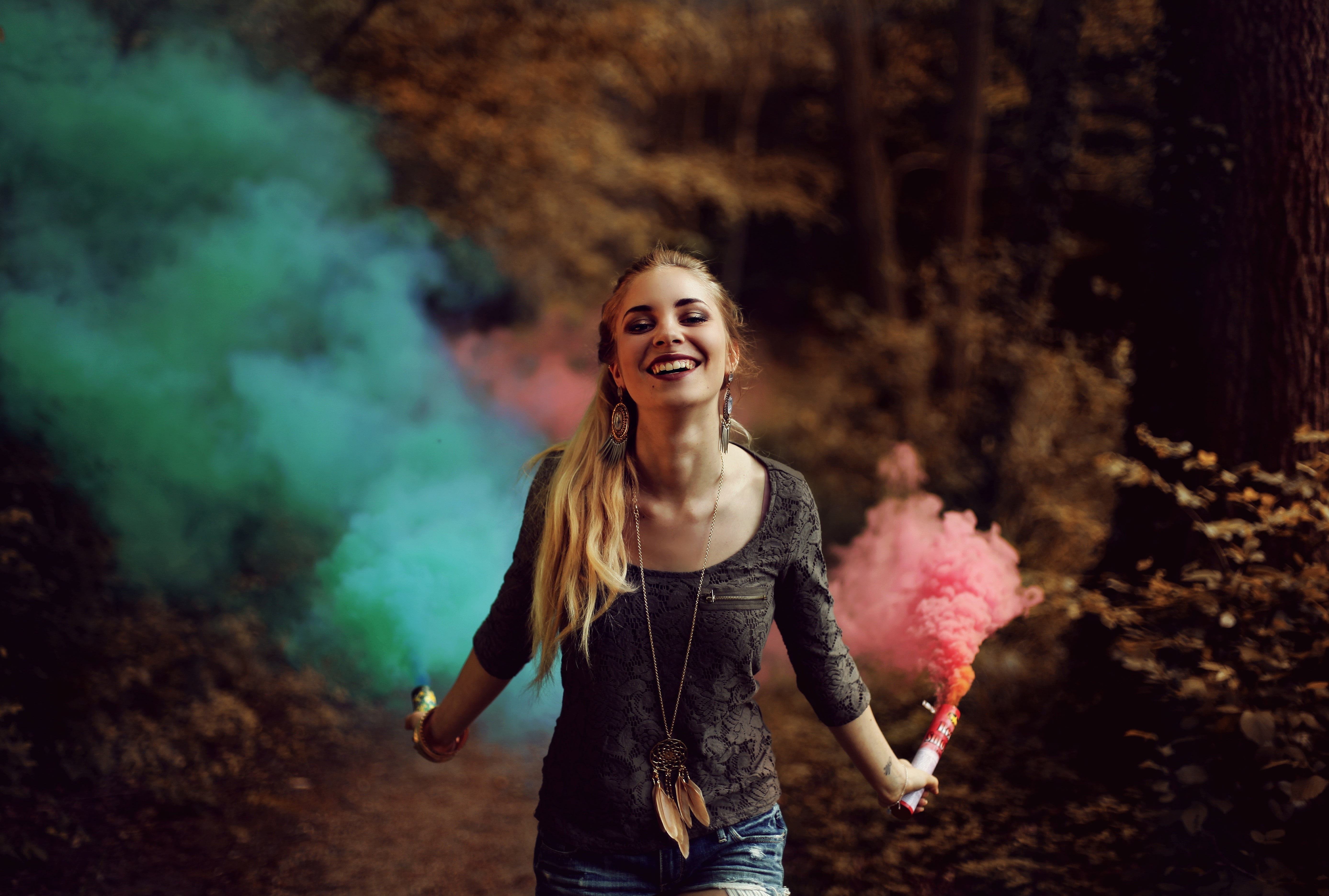 leisure activity, young adult, looking at camera, three quarter length, lifestyles, emotion, blue smoke, focus on foreground, casual clothing, beautiful woman, HD Wallpaper