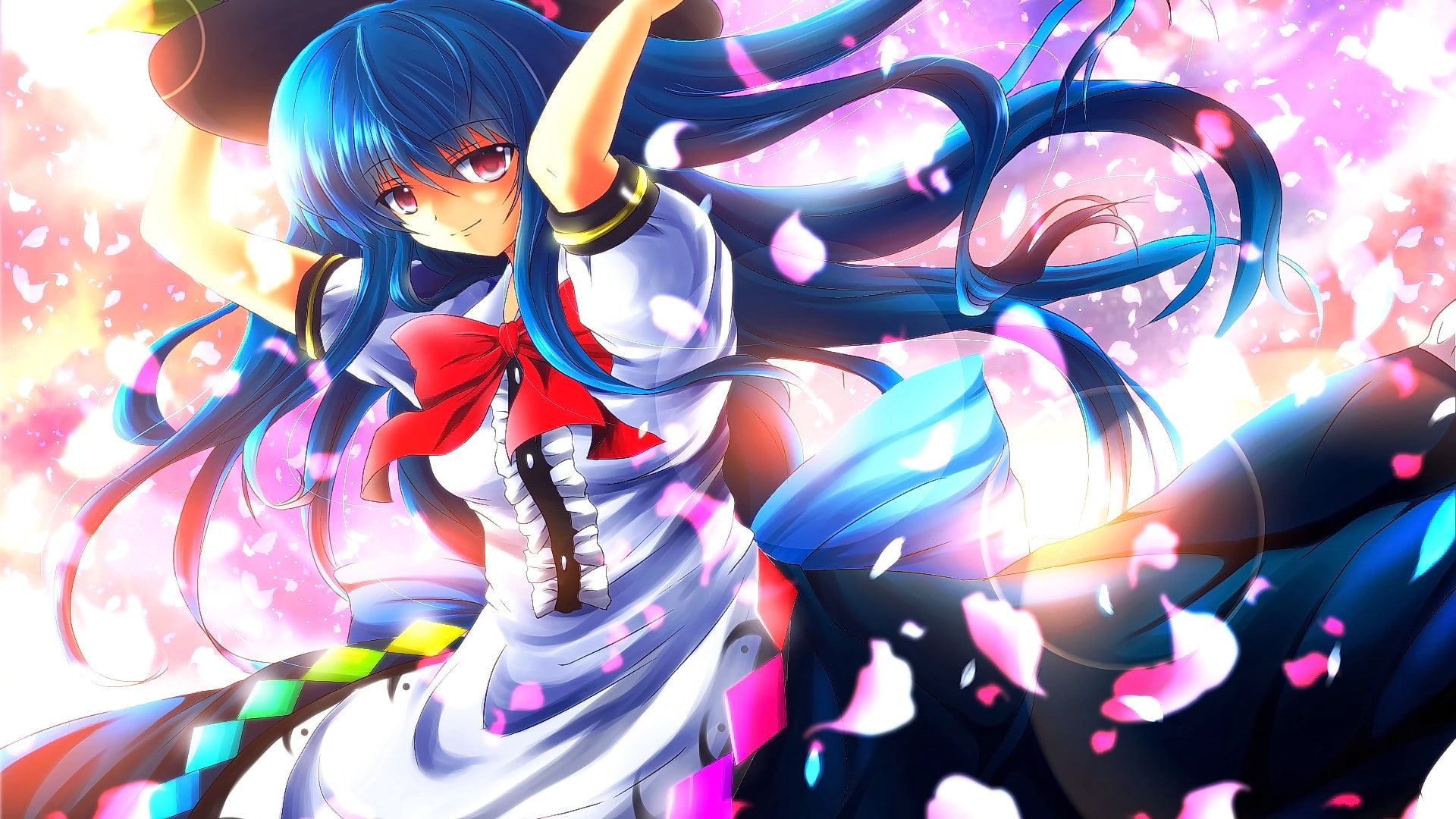 front view, anime, close-up, red eyes, 1080P, arts culture and entertainment, long hair, waist up, indoors, one person, lifestyles, blue hair, child, smiling, HD Wallpaper