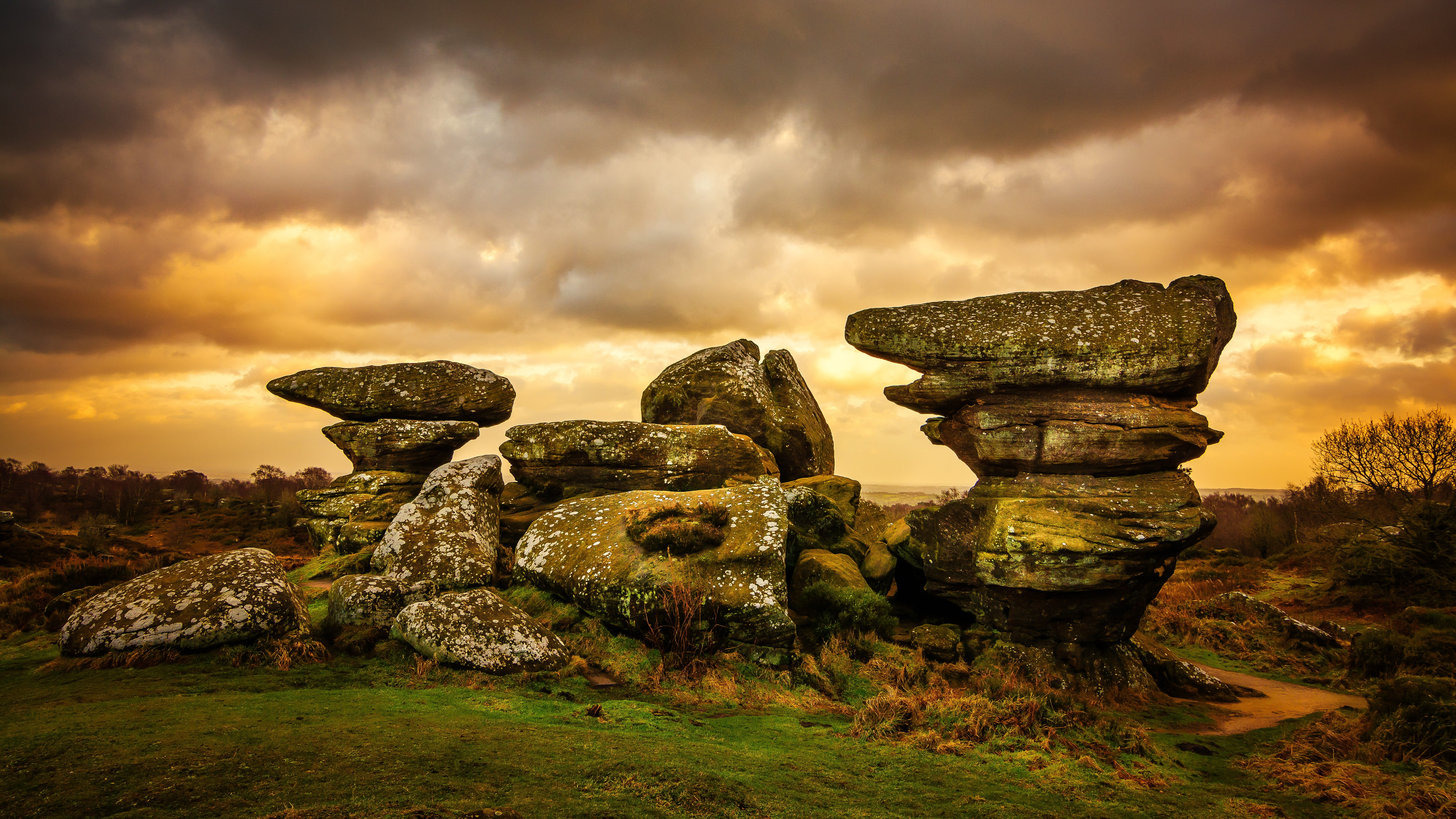 environment, sunset, stone - object, formation, natural, rock - object, sky, archaeology, dramatic, cloud, gray, brimham moor, landscape, tourism, history, HD Wallpaper