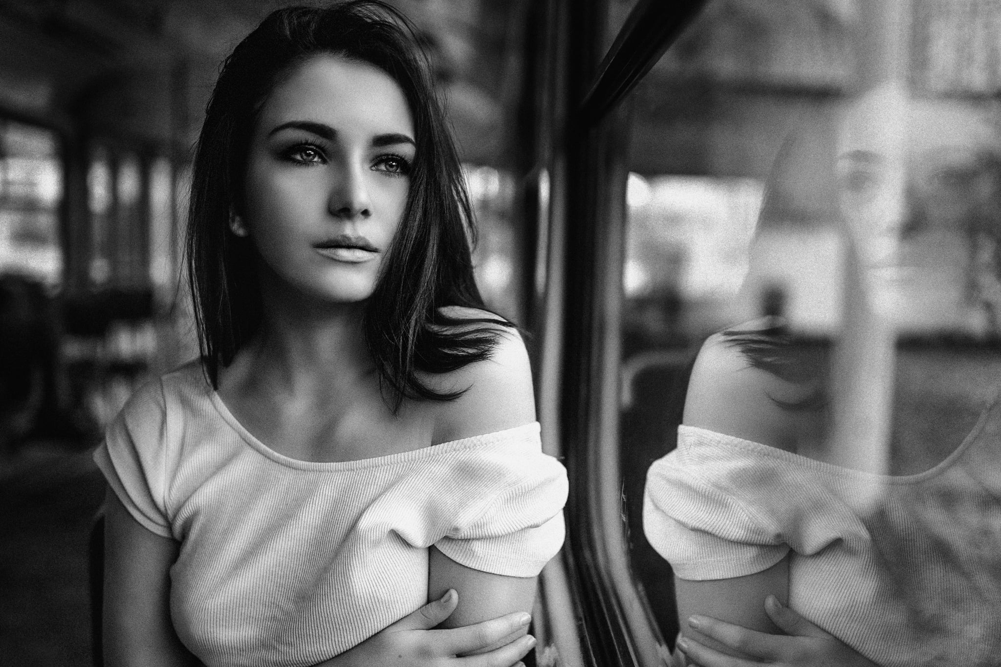 looking at camera, one person, indoors, real people, beauty, young women, adult, grayscale, long hair, waist up, women, b and W photo, woman, hairstyle, HD Wallpaper