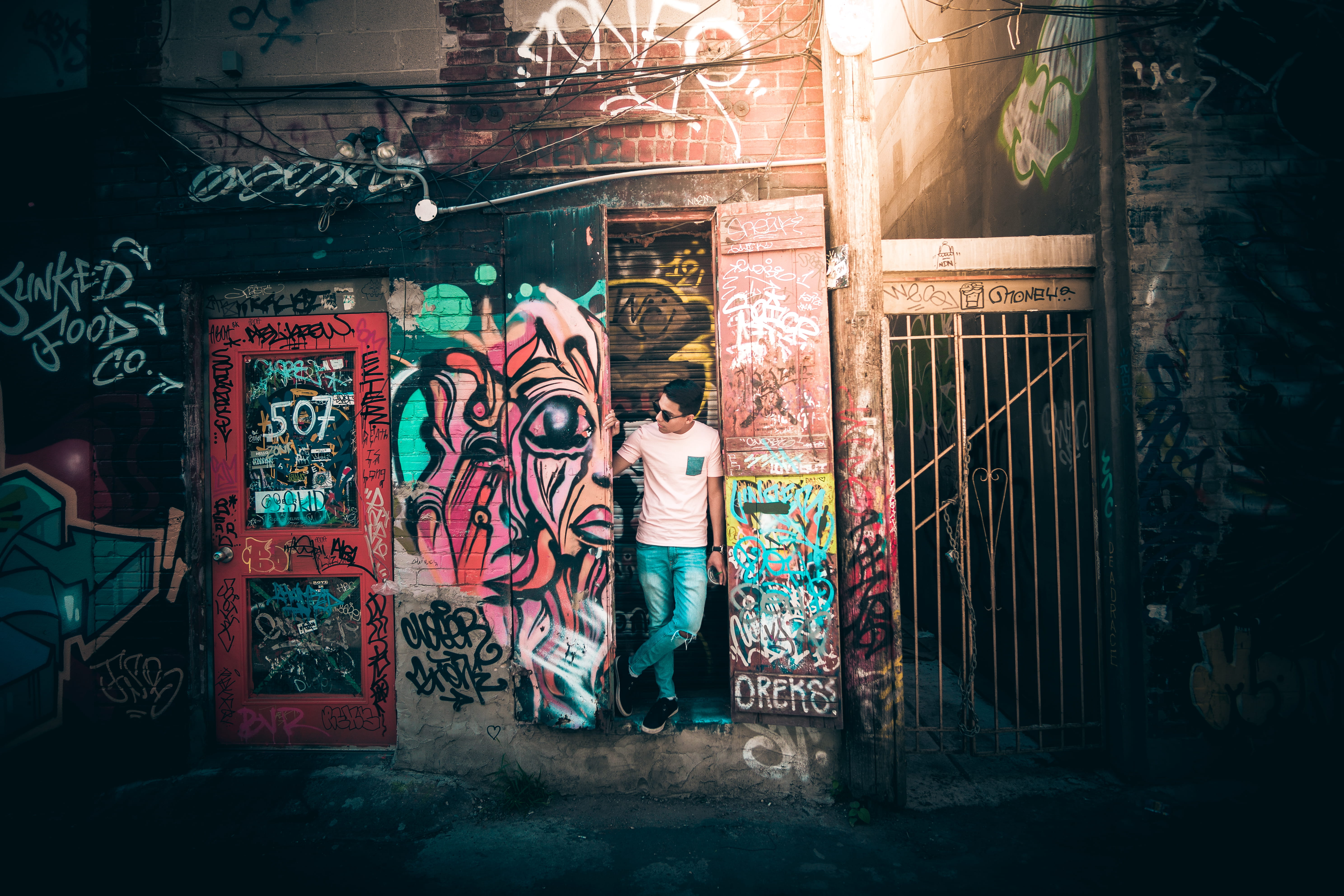 glow, red, casual clothing, men, building exterior, 5K, human representation, grit, colour, leisure activity, people, explorer, graffiti, built structure, HD Wallpaper