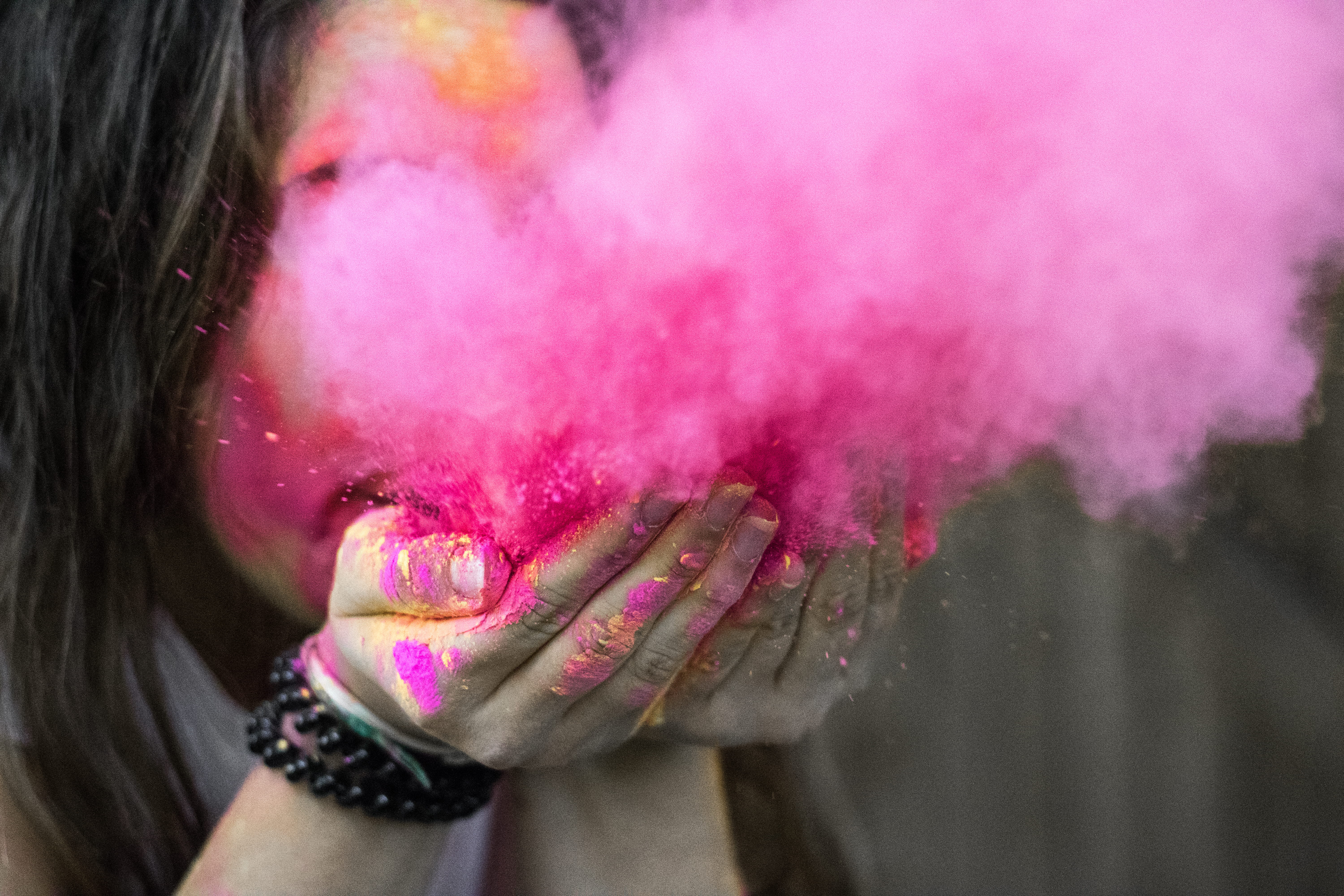 beautiful, child, blowing, fun, festival, colors, pink color, cute, adult, beautiful woman, midsection, human lips, smog, lifestyles, body part, make-up, HD Wallpaper
