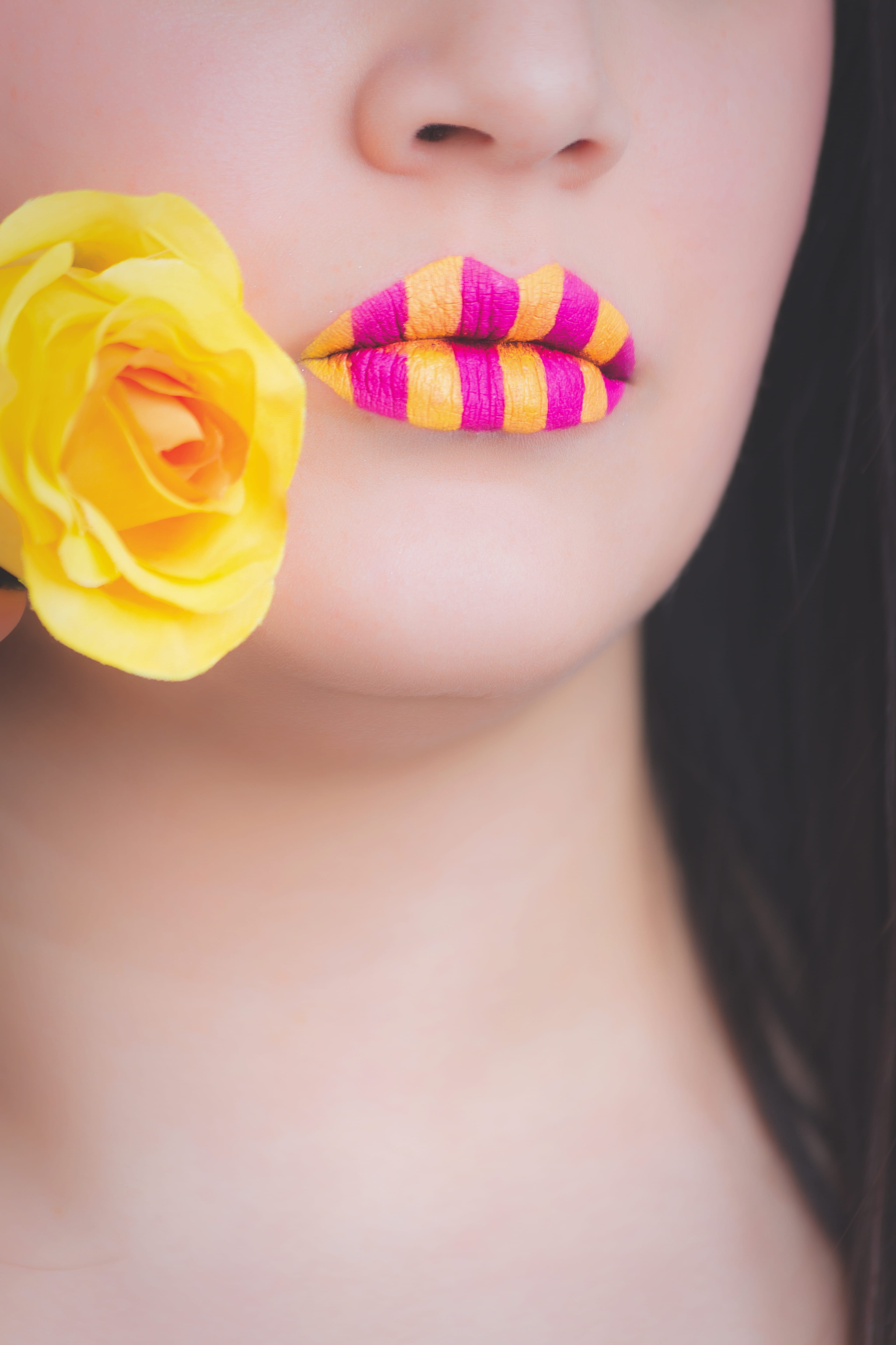 pink, face, photoshoot, flower head, wearing, close-up, front view, human body part, detail, pink color, nose, temptation, rose, holding, flower, 5K, human face, Phone HD Wallpaper