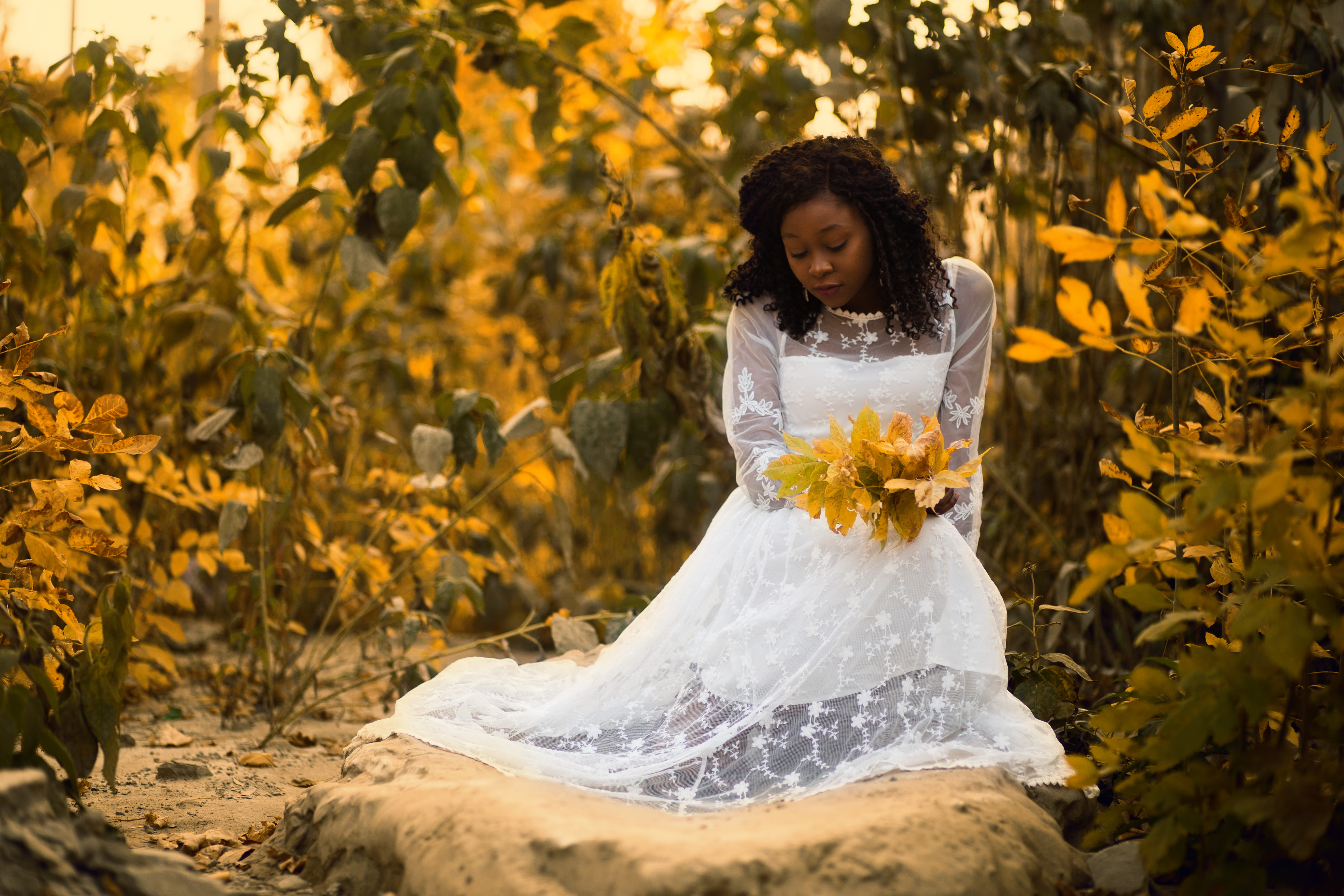 rock, flower, front view, daylight, standing, white, wearing, plant, beautiful, bride, model, garden, bouquet, wedding, wedding dress, pose, color, person, HD Wallpaper