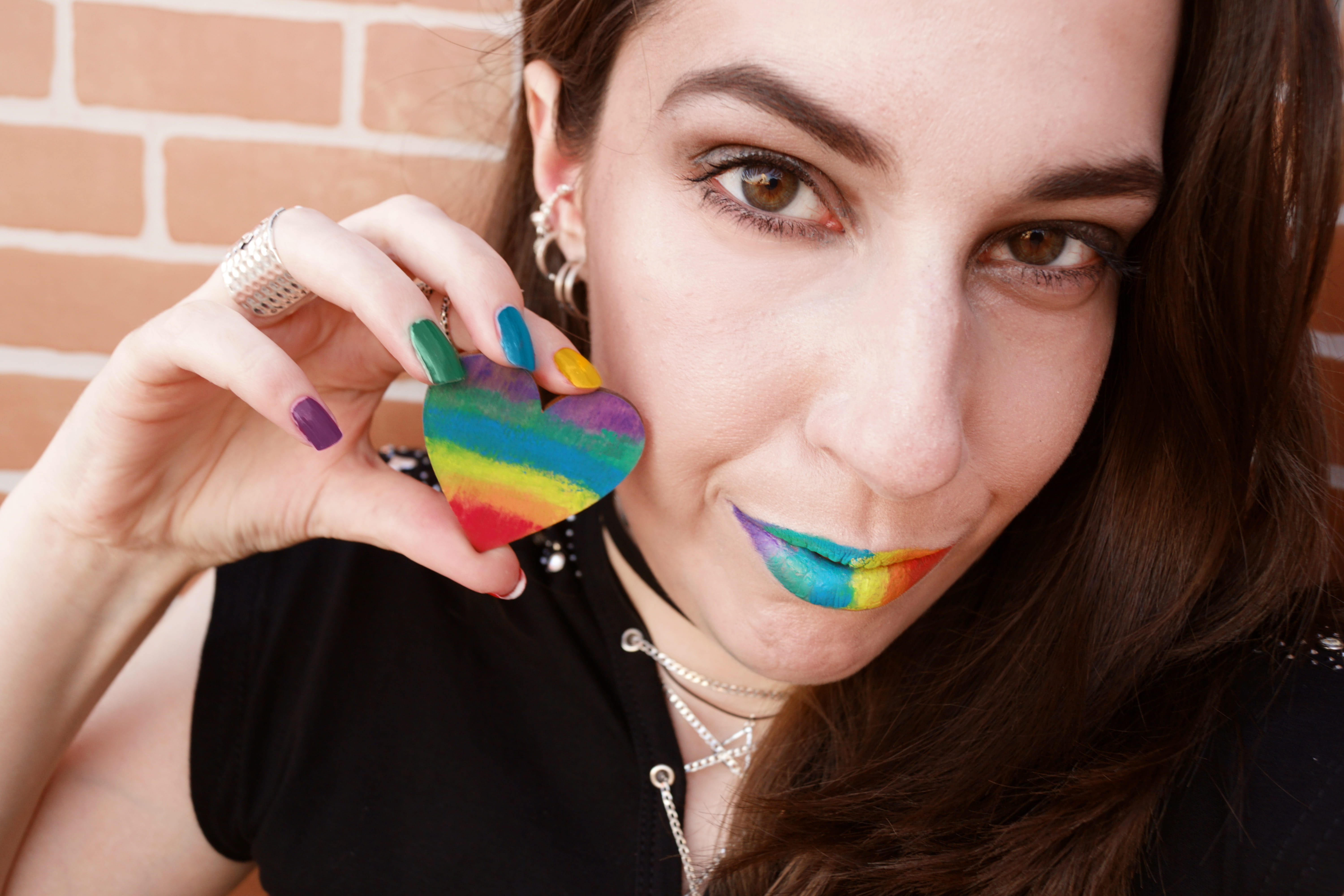 portrait, decor, holding, young adult, rainbow colors, love, headshot, looking at camera, beautiful woman, heart, human body part, hairstyle, close-up, HD Wallpaper