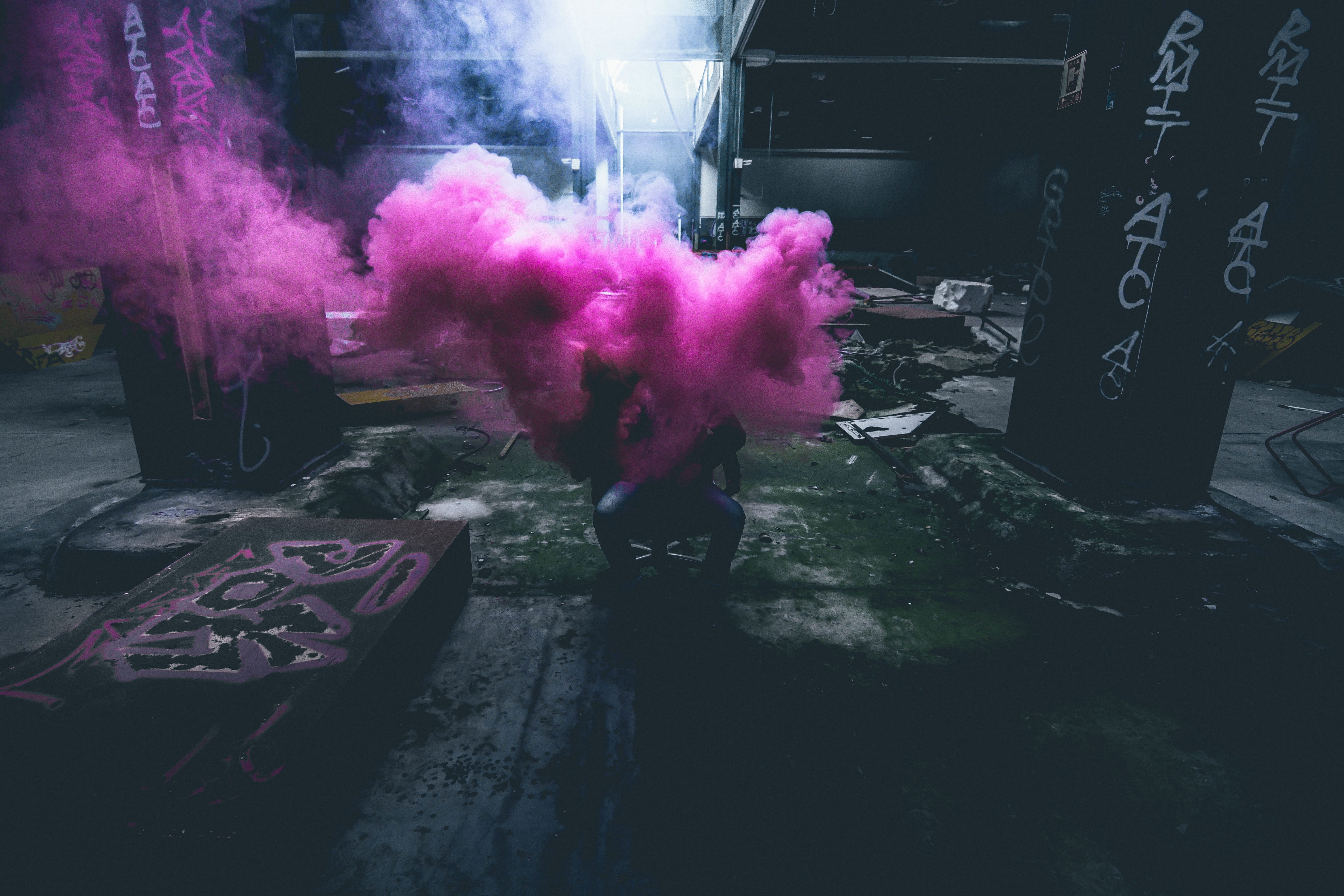 flower, city, graffiti, warehouse, sitting, pink color, inside, architecture, building, covered, silhouette, 5K, outdoors, leisure activity, factory, industrial, HD Wallpaper