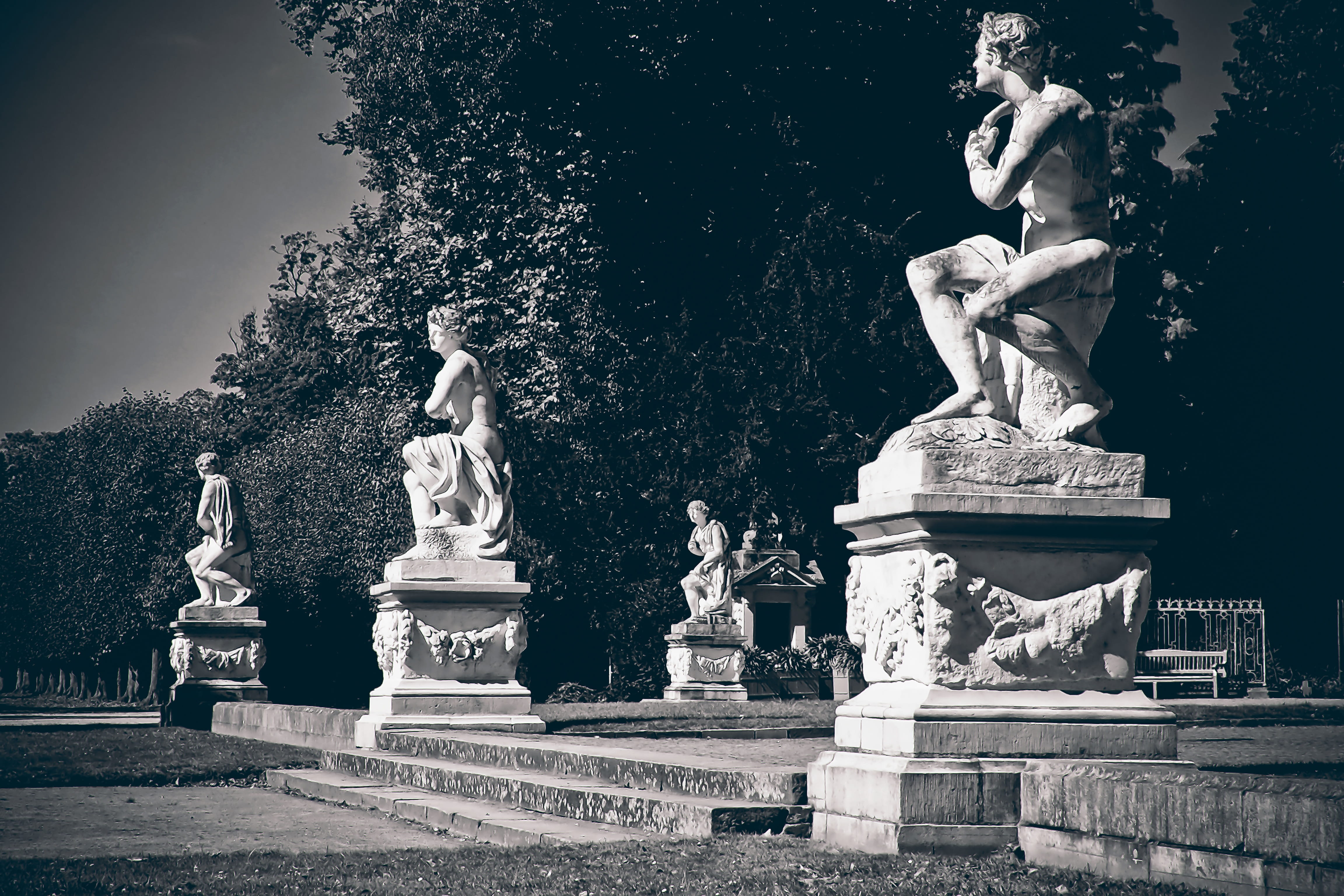 day, düsseldorf, park, Stone, face, angel, marble, figures, the past, stone, nature, black white, unity, human, creativity, Sculpture, artwork, sculptor, HD Wallpaper