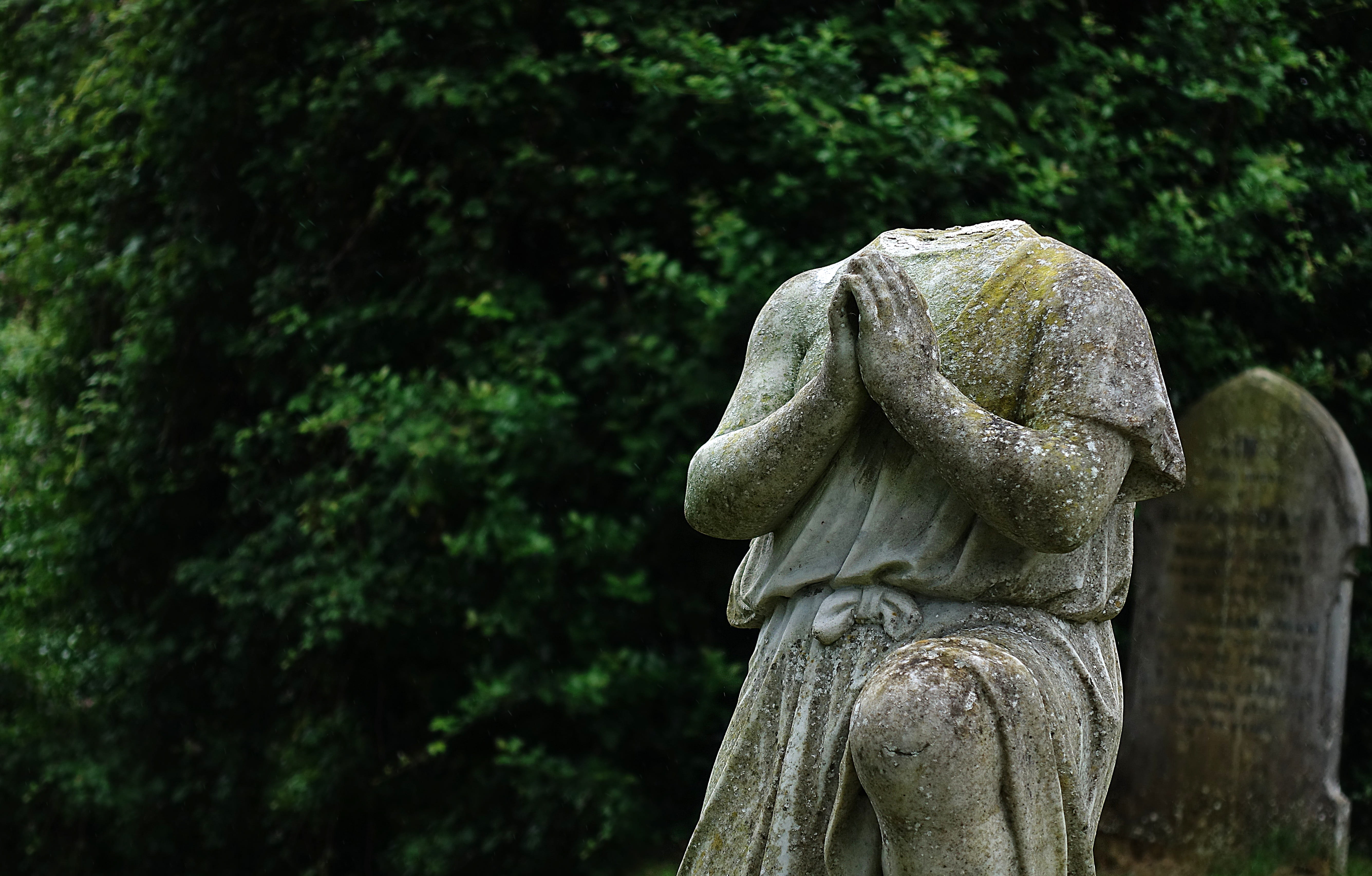 human representation, plant, 5K, tomb, concrete, blind, death, cemetery, no people, focus on foreground, Memorial, gothic, Headless, stone material, vandal, HD Wallpaper