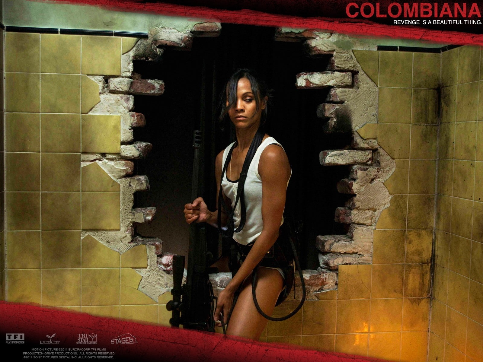 brunettes, 720P, saldana, sniper, women, tshirts, colombiana, entertainment, film, rifles, movies, zoe, hd, x, art, HD Wallpaper