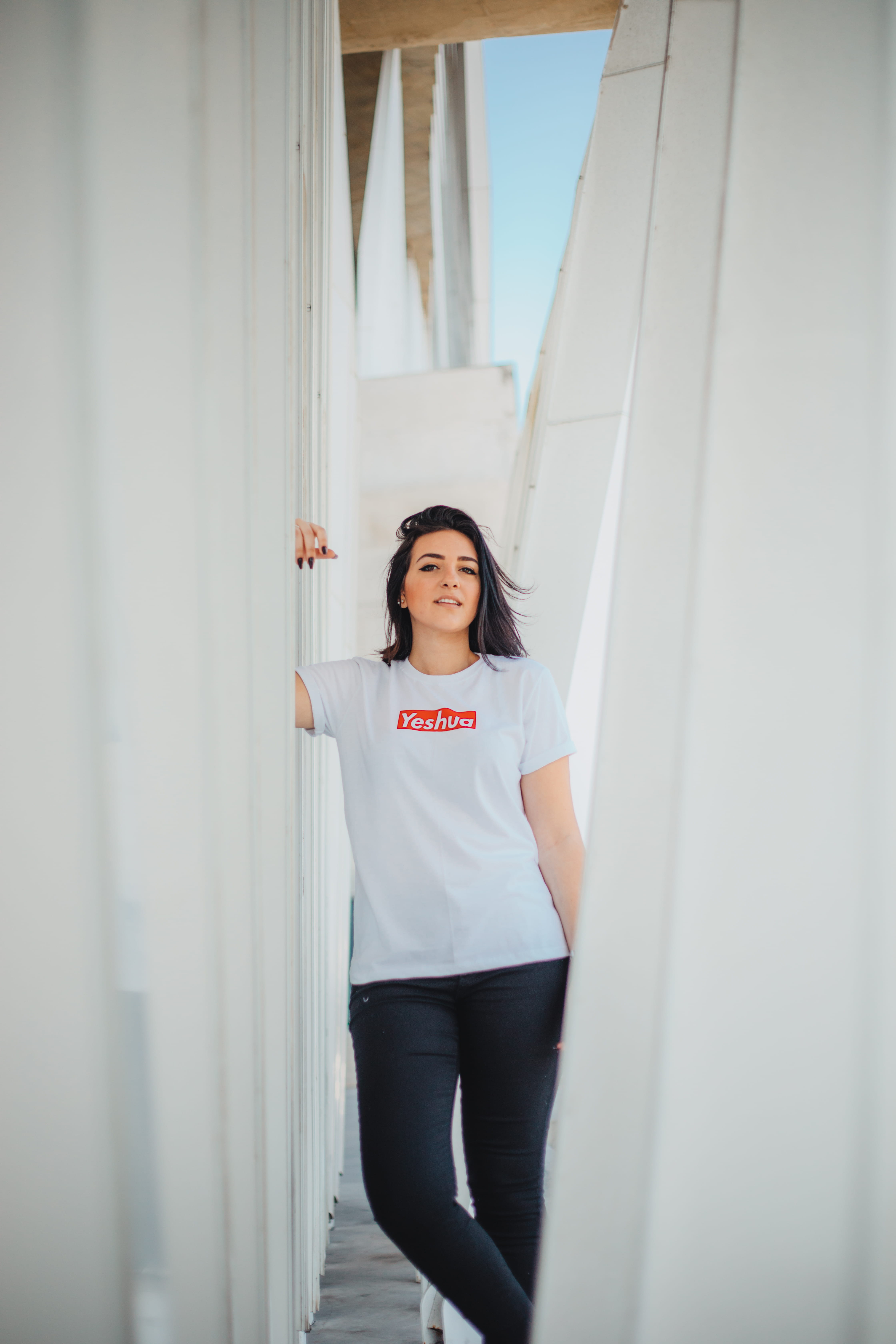 young Women, fashion, window, white, one Person, woman, one Woman Only, tshirt, females, standing, relaxation, beauty, looking, people, pillar, smiling, Phone HD Wallpaper