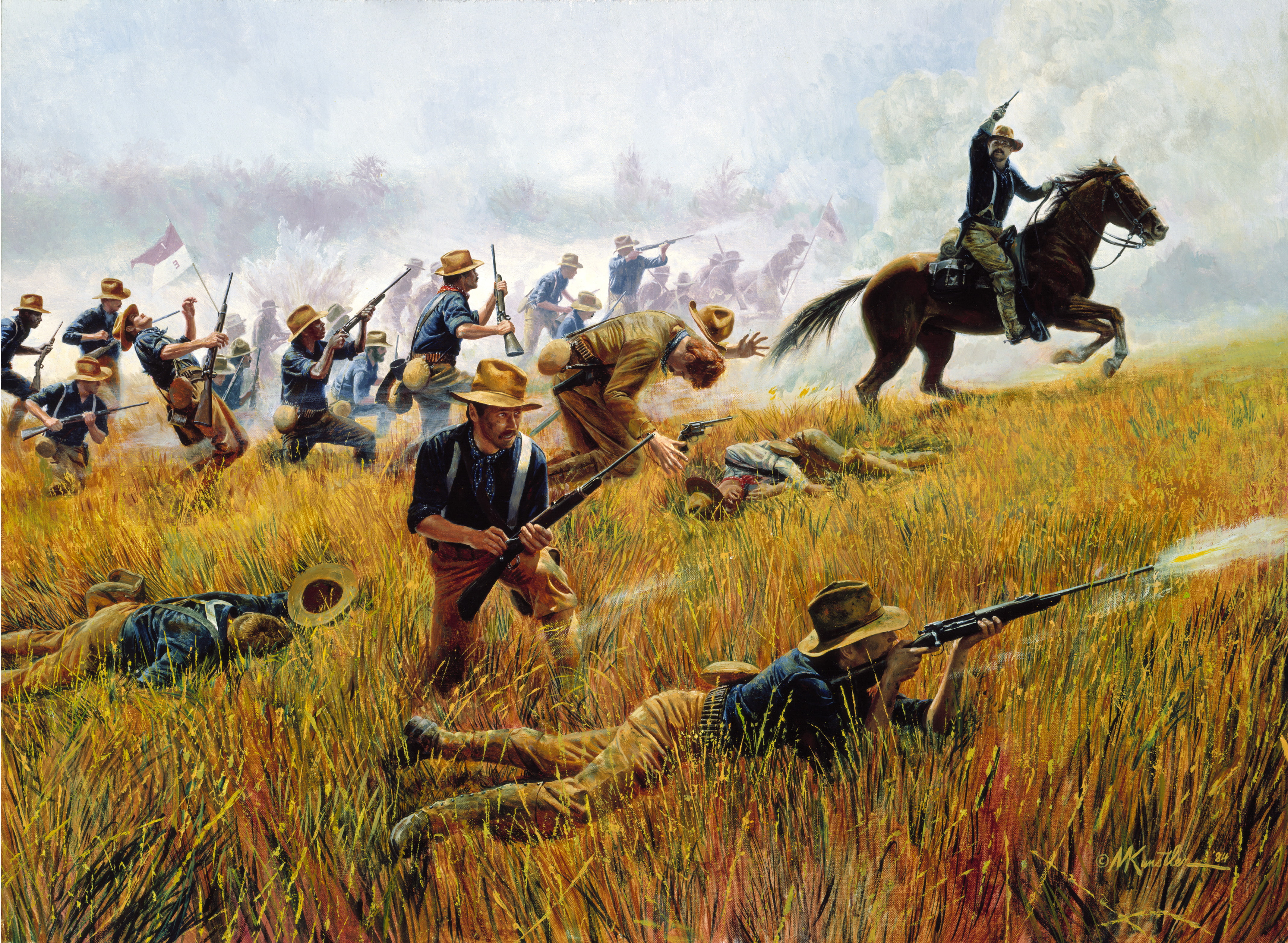 war, 1898 -- With the declaration of war with Spain in April, horse, Kettle Hill, Santiago, Rough Riders by Mort Kunstler, July 1, Cuba, 4K, cowboy, HD Wallpaper