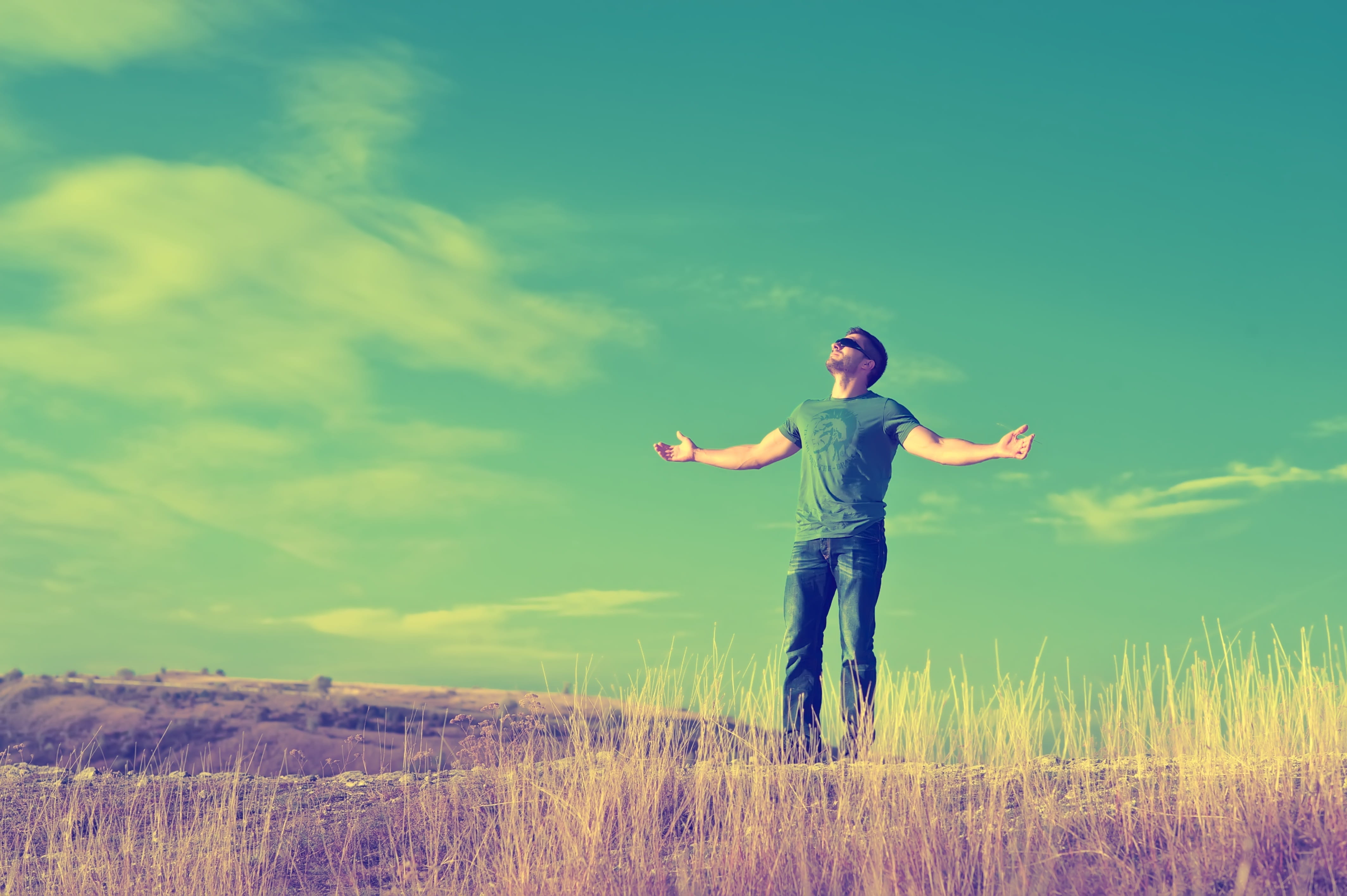 jeans, blue sky, crew-neck, outdoors, crew, plant, arms outstretched, green, real people, alone, lifestyles, freedom, standing, limb, people, denim jeans, HD Wallpaper