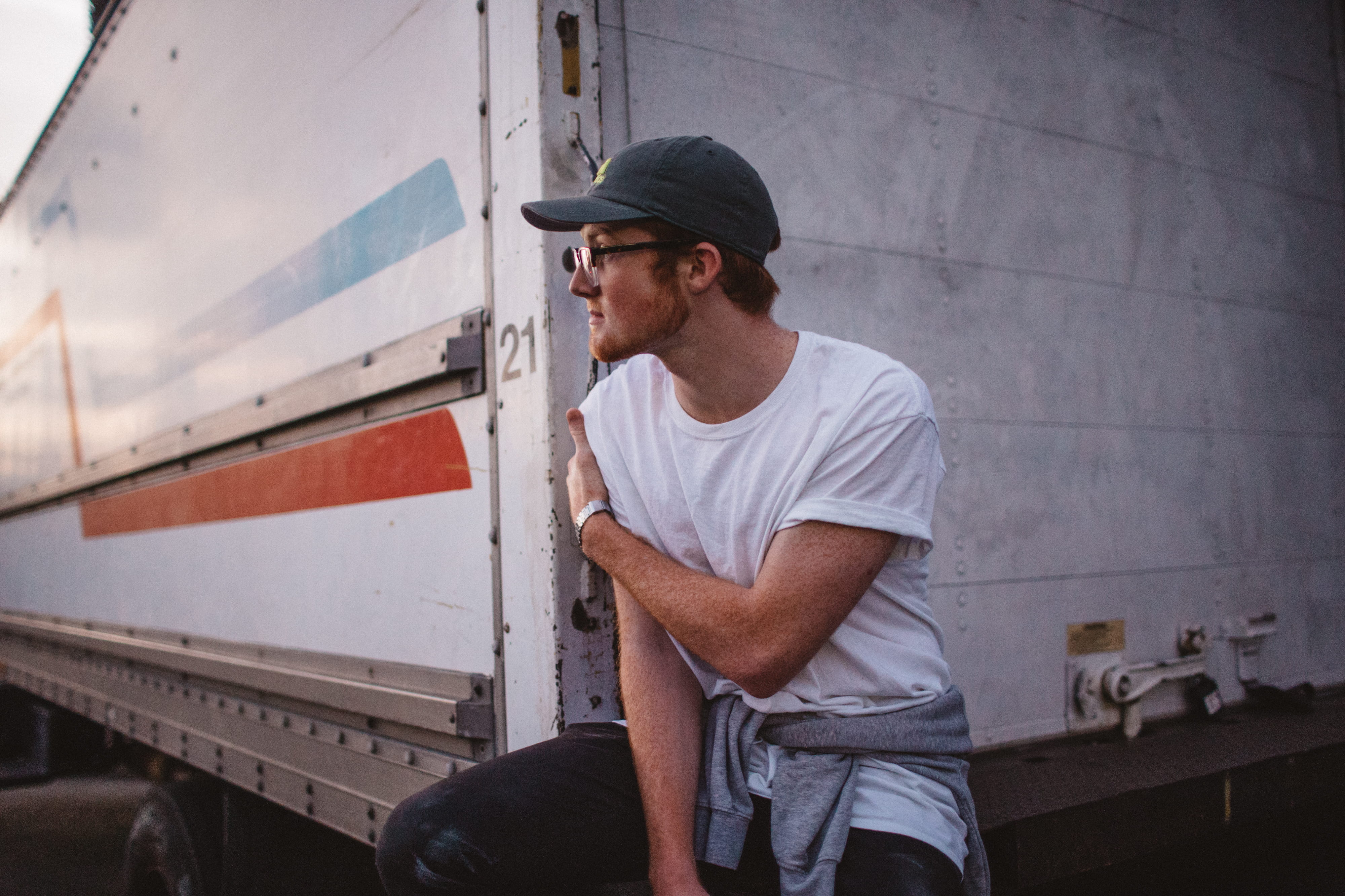 contemplation, transportation, hat, looking out, t, waist up, clothing, 4K, crew, looking, street, baseball cap, facial hair, truck, glasses, person, looking away, HD Wallpaper