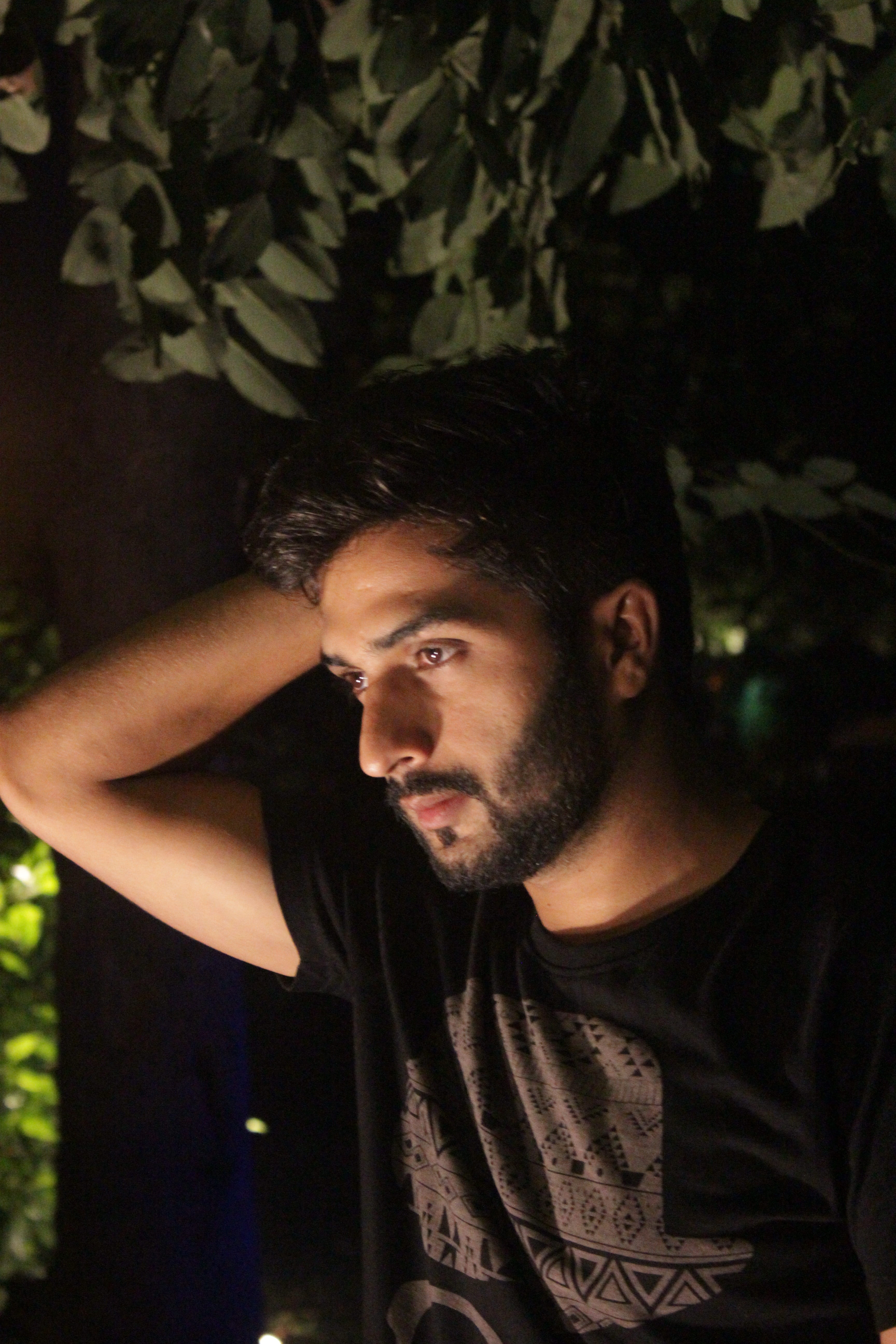 night time, green, leisure activity, happy, creative shooting, front view, looking away, youth, portrait, lifestyles, young men, beard, male, healthy, tree, Phone HD Wallpaper