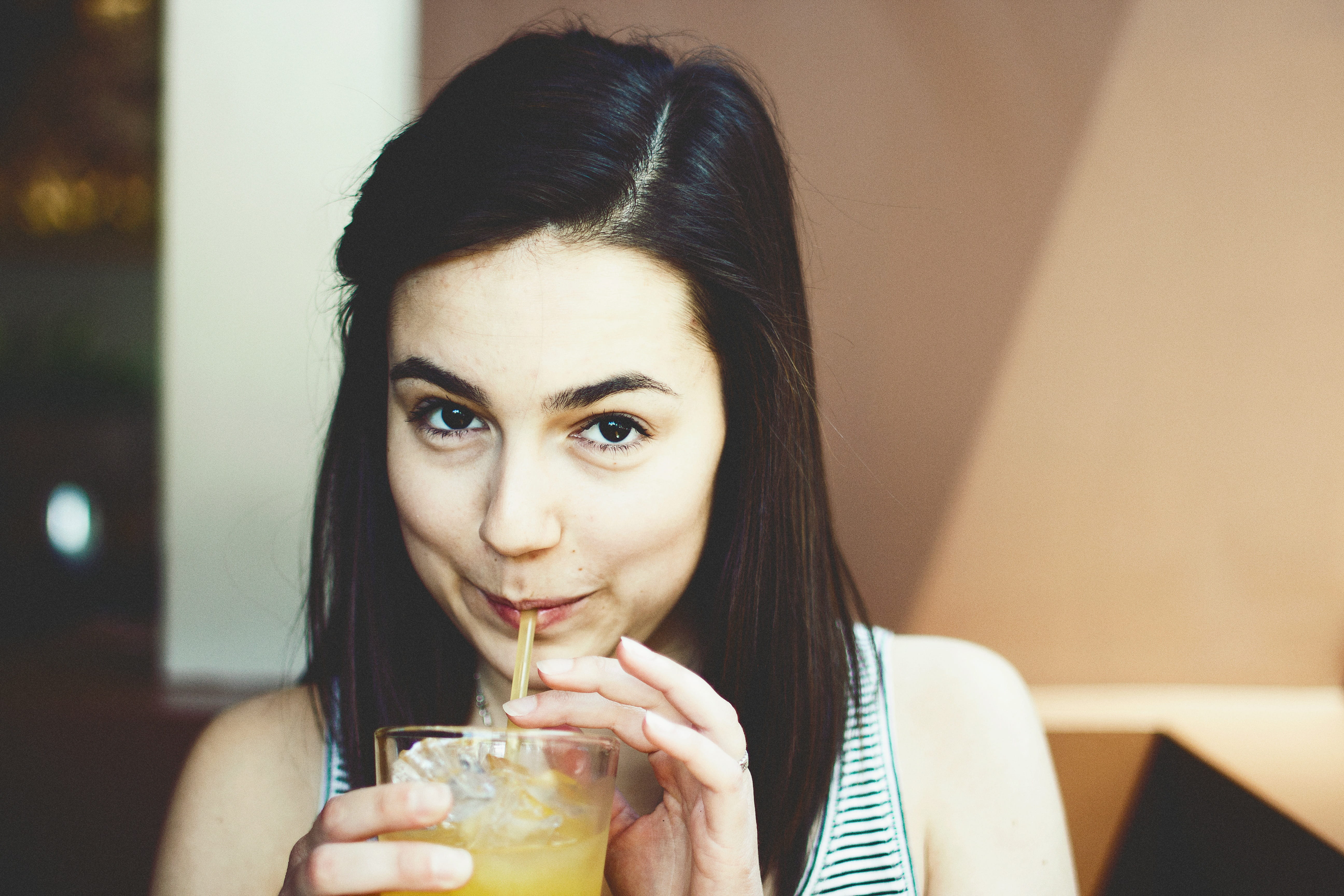only Women, beauty, females, portrait, drink, scoop-neck, sleeveless, woman, striped, drinking Glass, healthy Eating, clear, white, young Women, drinking, HD Wallpaper