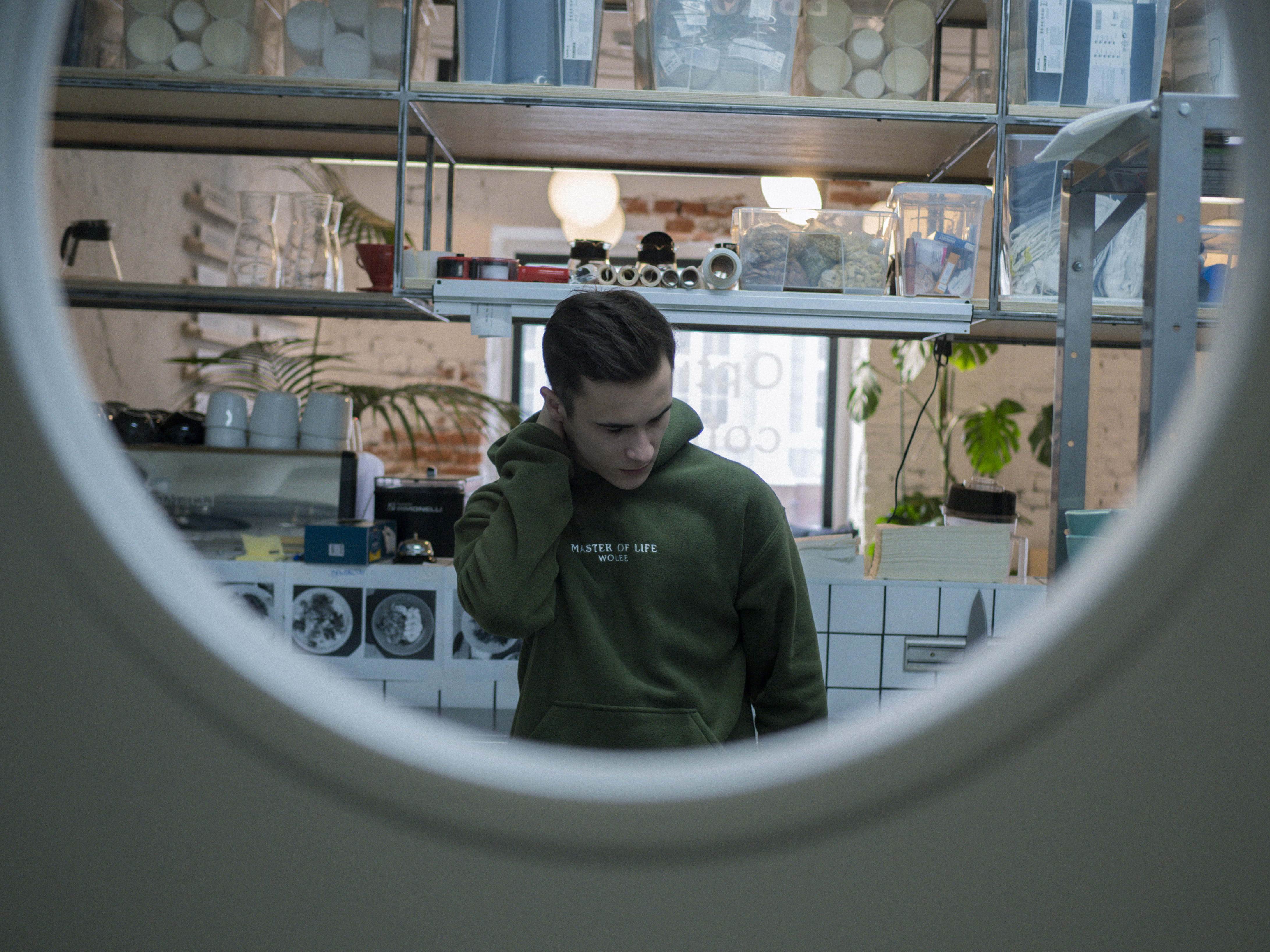 cafe, porthole, real people, style, young adult, men, casual clothing, long sleeve, business, door, holding, clothing, model, looking, nape, adult, occupation, HD Wallpaper