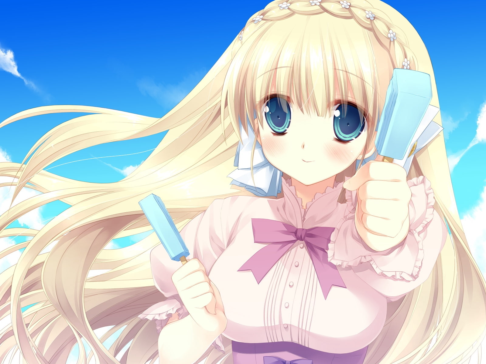 smile, girl, blonde, ice cream, kicking horse rhapsody, 720P, HD Wallpaper
