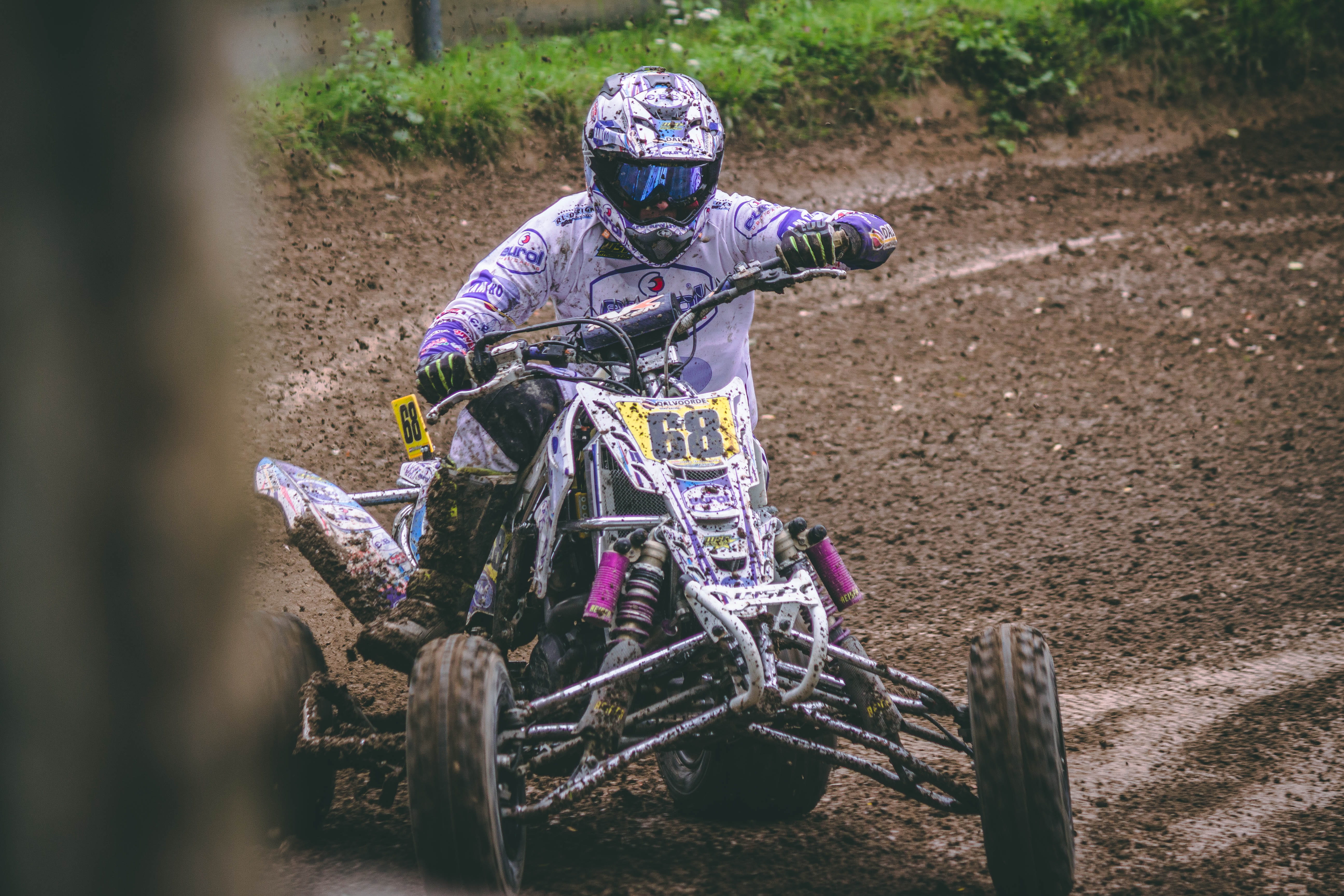 sunlight, clothing, wood - material, field, front view, throwing dirt, 4stroke, landscape, tree, atv, gray, person, racing, 4wheeler, sky, pushing, mx, HD Wallpaper