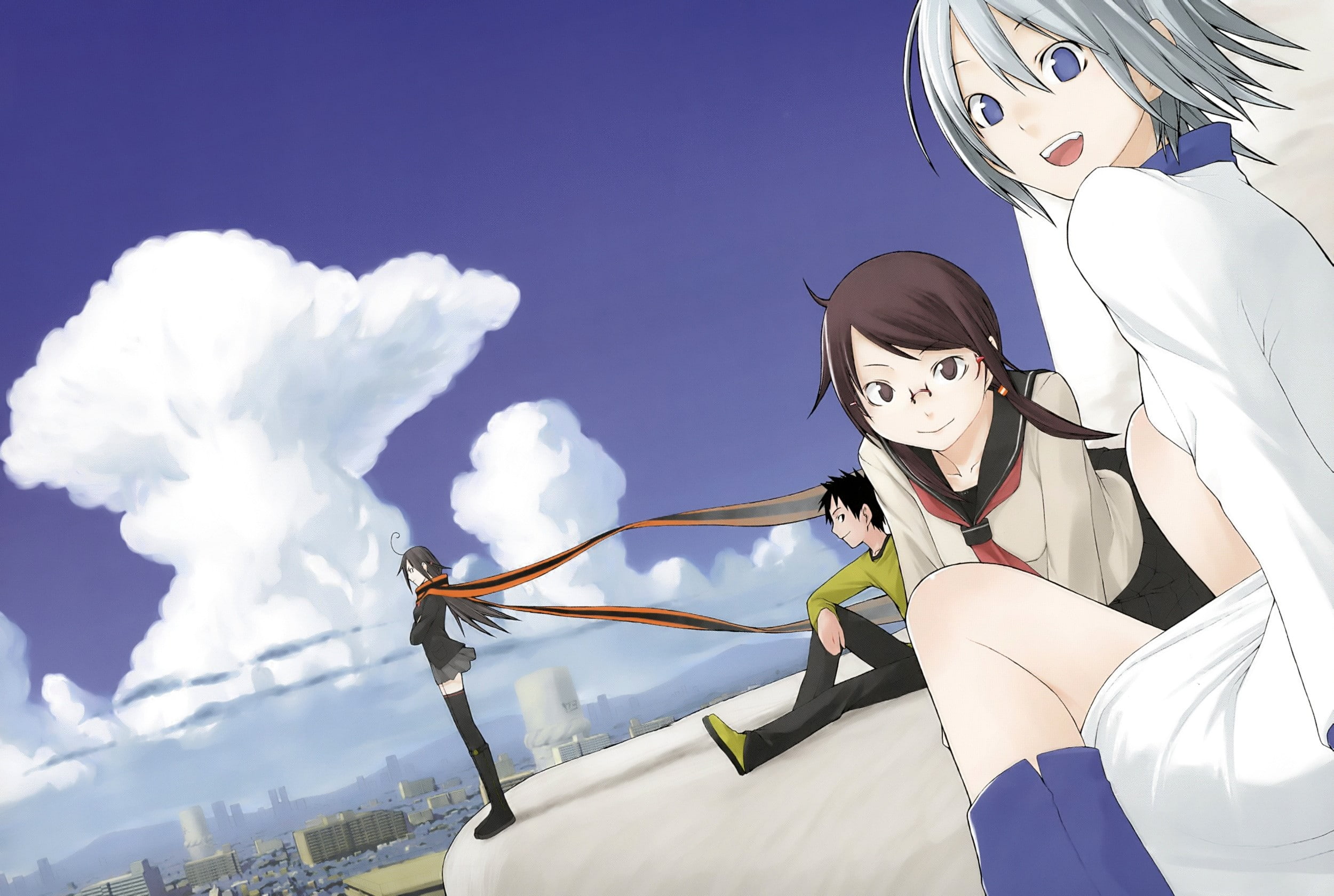 clothing, outdoors, sunlight, day, representation, anime girls, cloud - sky, Nanami Ao, low angle view, Yozakura Quartet, 1080P, people, Yarizakura Hime, HD Wallpaper