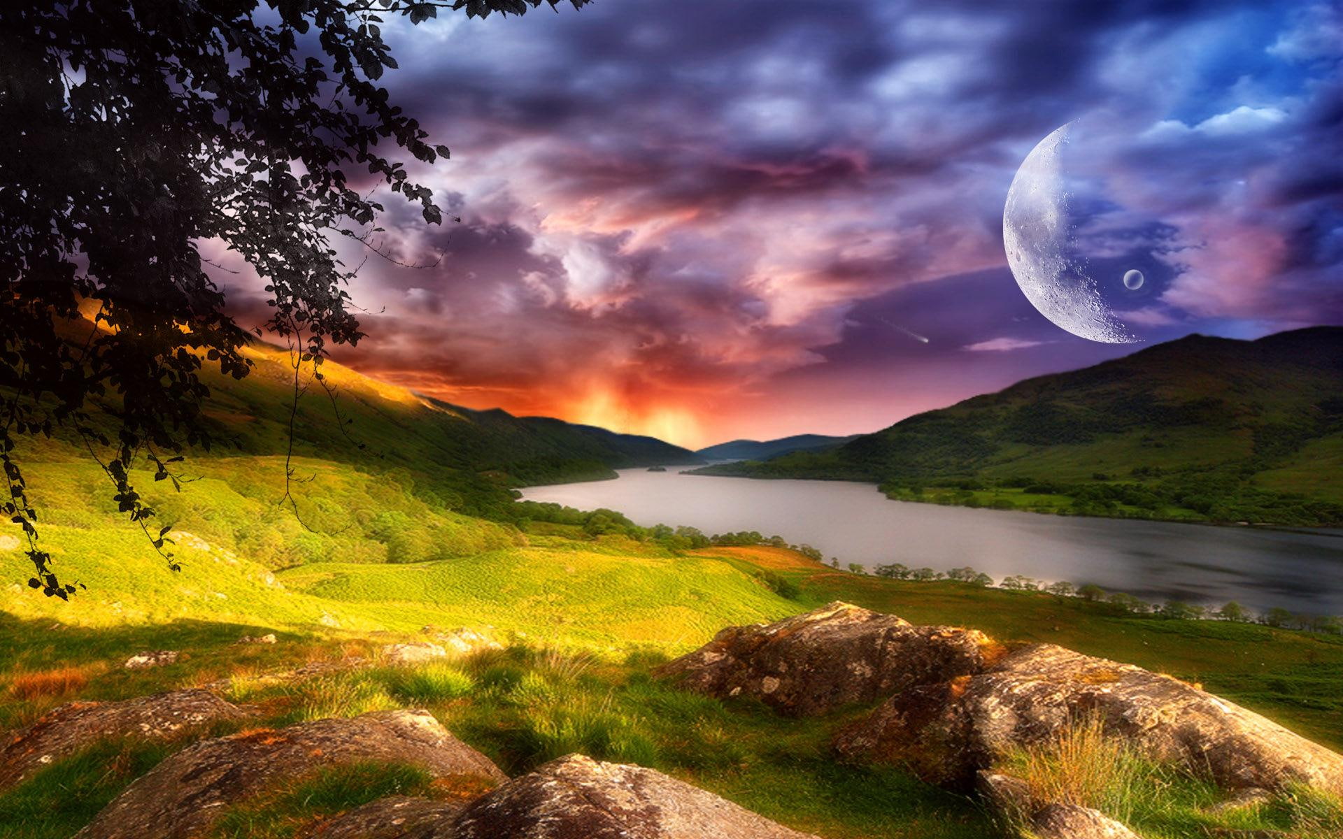 nature and landscapes, beautiful, gorgeous, sunset, moonlight, 1080P, moon, time, HD Wallpaper
