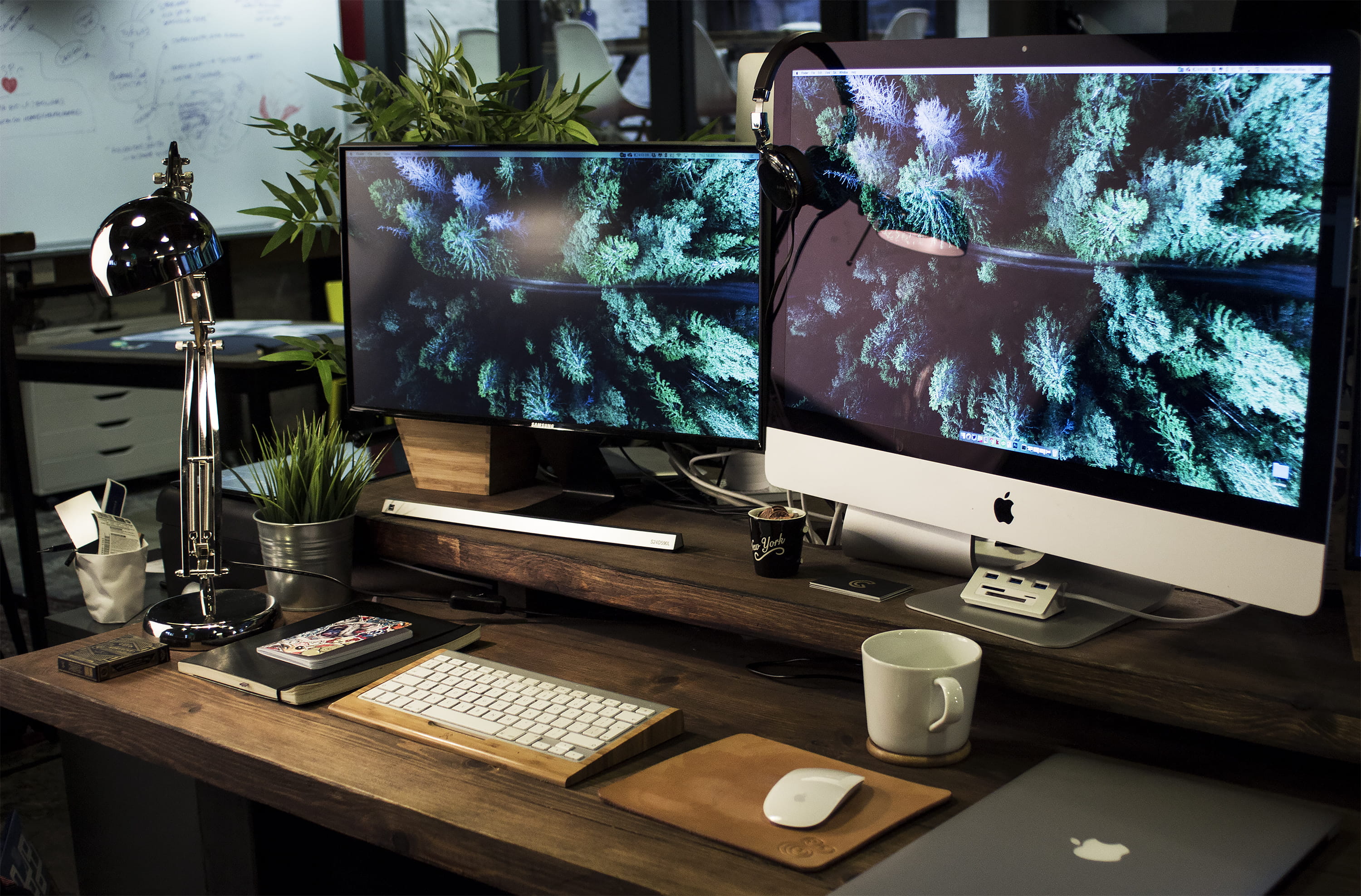 communication, office, electric lamp, cup, flat, electronic, desktop, keyboard, desk, desktop pc, black, furniture, device screen, computer equipment, no people, HD Wallpaper