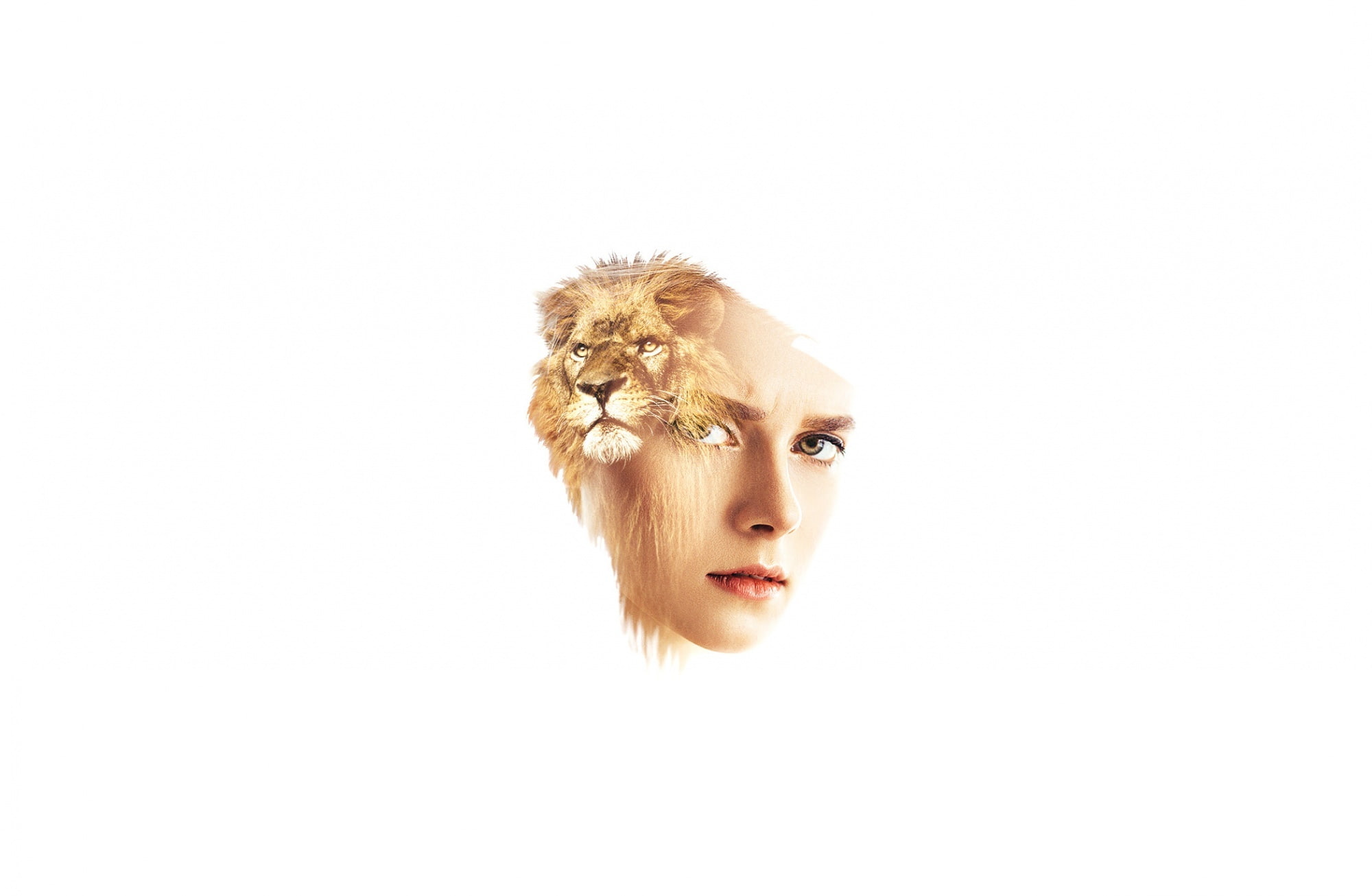 Lion, Wild, cut out, Aero, copy space, Girl, White, 1080P, blond hair, headshot, beauty, white background, studio shot, looking at camera, close-up, hairstyle, HD Wallpaper