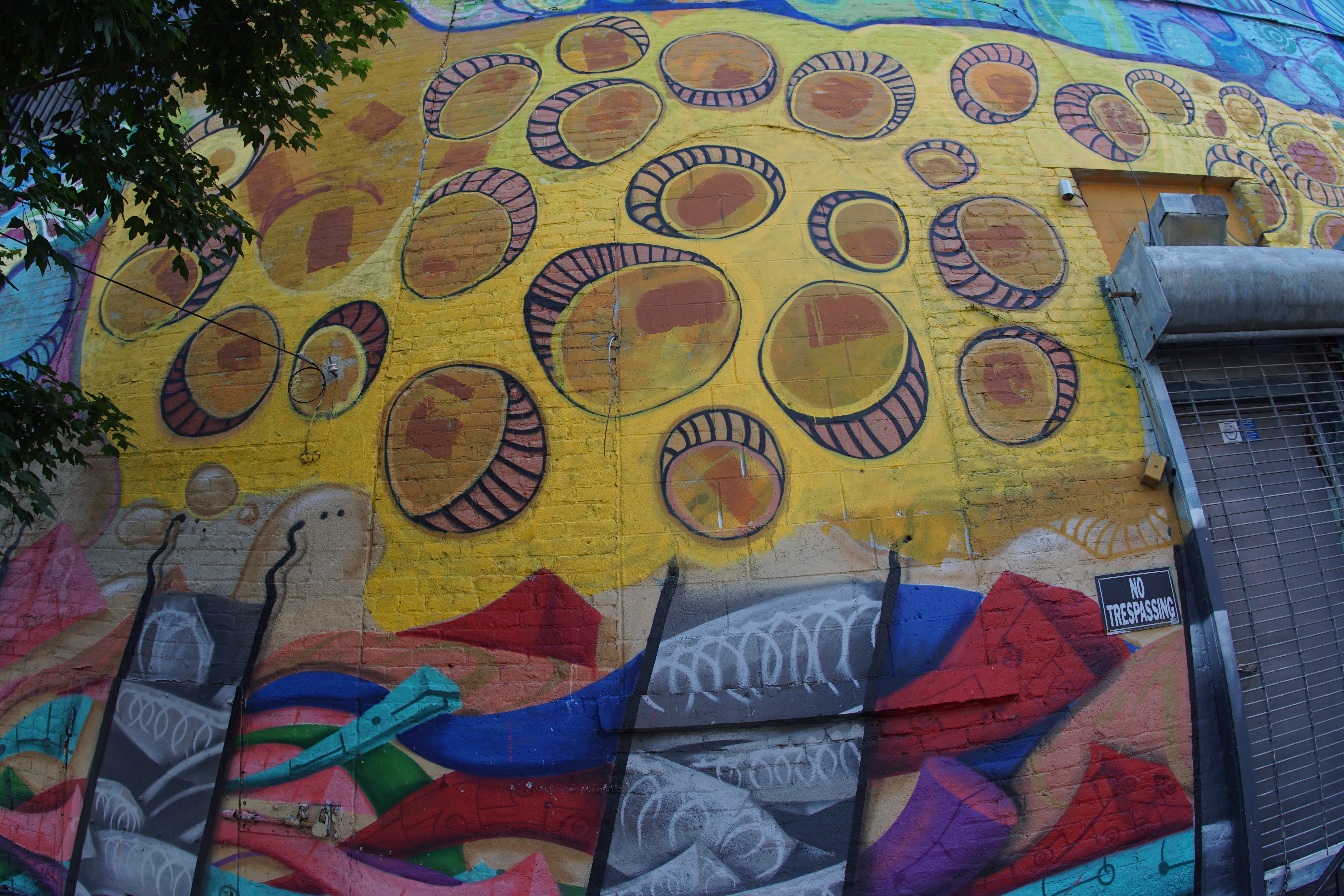 building, pattern, mural, urban art, architecture, 5K, graffiti, plant, day, wall, fish eye, art and craft, creativity, united states, multi colored, tree, HD Wallpaper