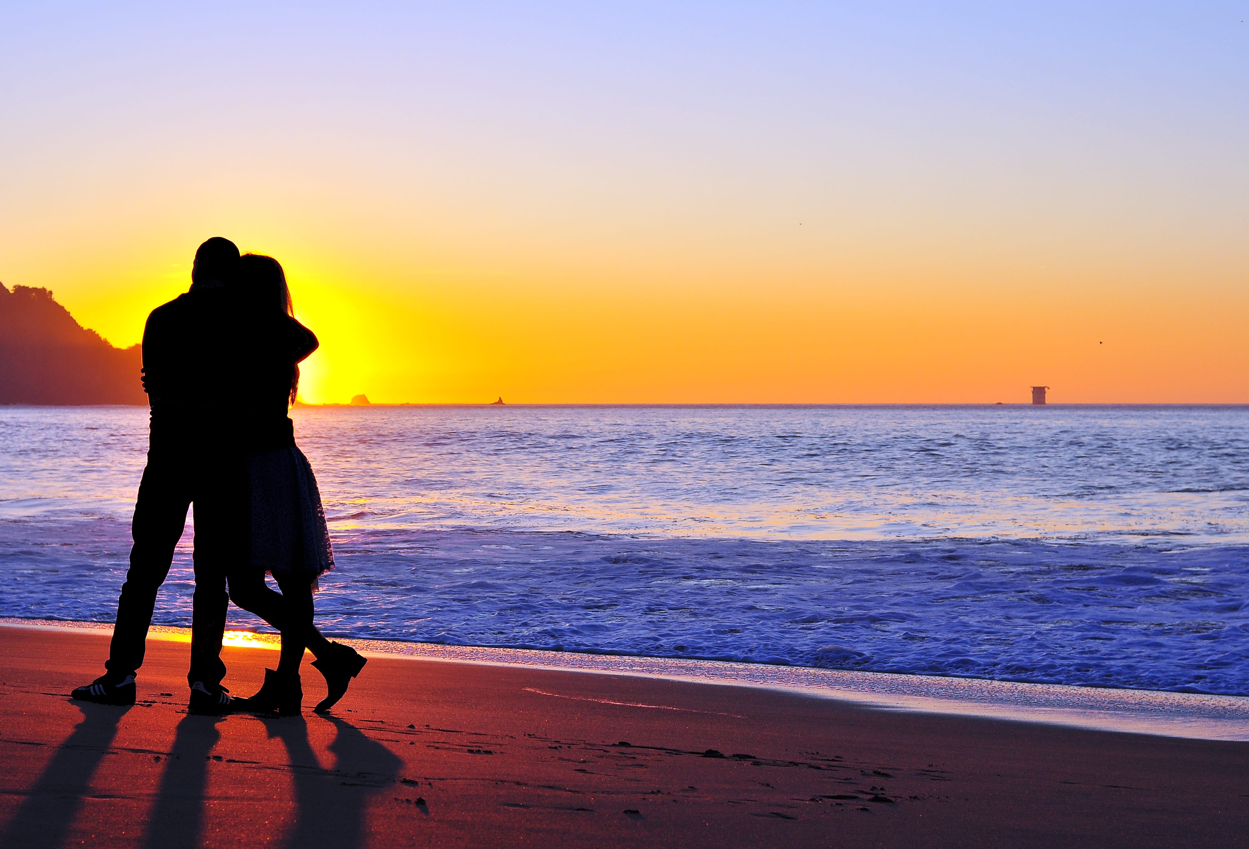 dusk, Sunset, orange color, beauty in nature, landscape, togetherness, walking, people, family, sunlight, nature, back Lit, standing, sea, full length, HD Wallpaper