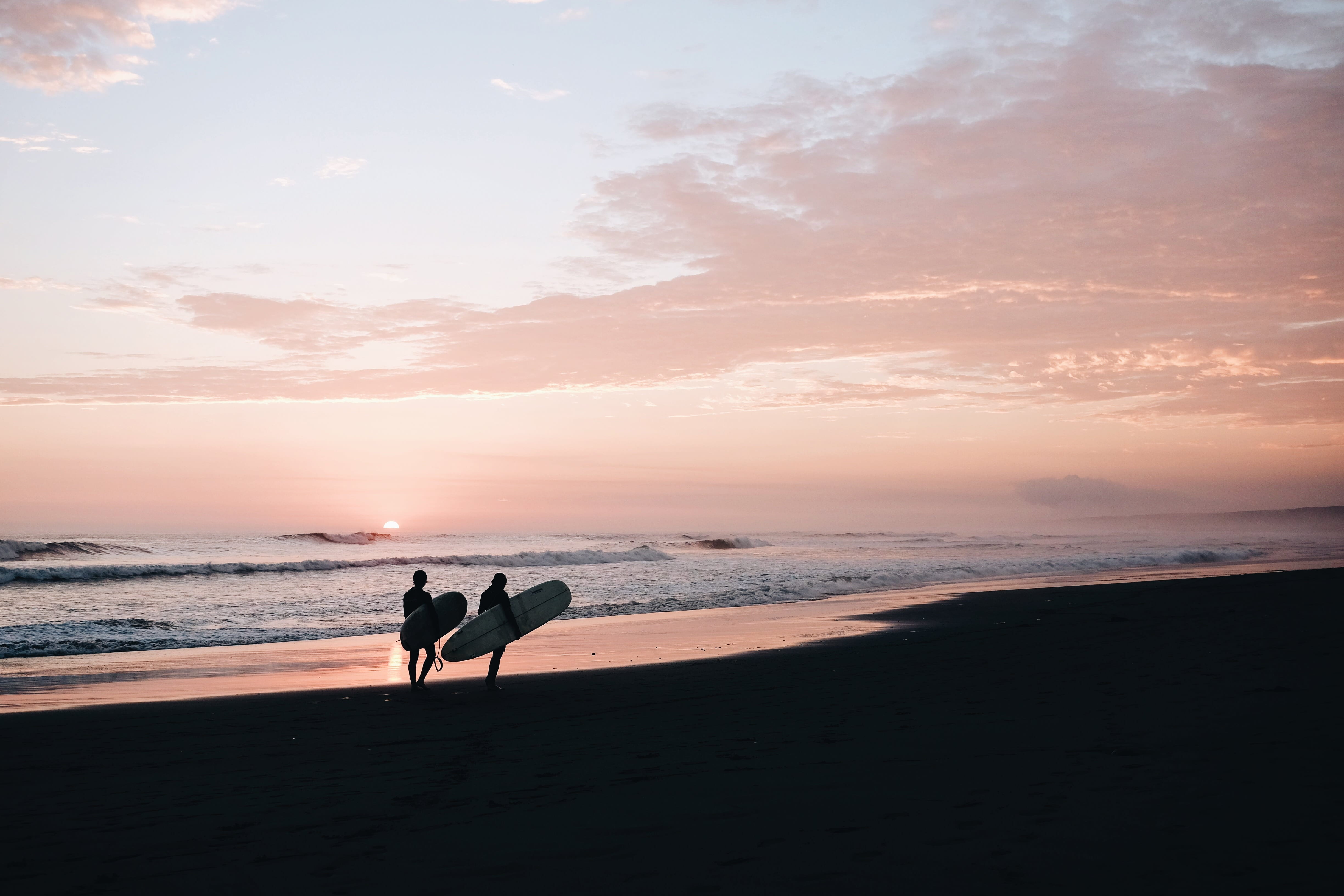 two people, shore, two, leisure, sunset, seascape, togetherness, horizon, horizon over water, surfers, couple - relationship, back Lit, outdoors, women, HD Wallpaper